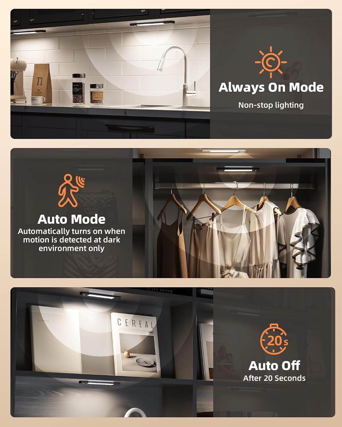 EZVALO Under Cabinet Lighting, Wireless Closet Lights, 50 LED Rechargeable Motion Sensor Light, Dimmable, 3 Color