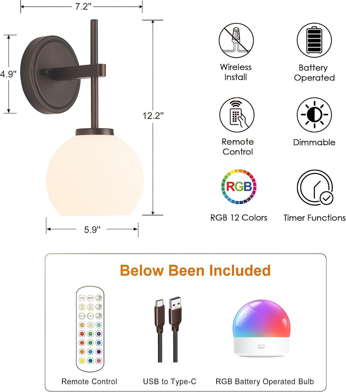 Oil Rubbed Bronze Wireless Rechargeable Wall Sconces Set of 2, Battery Operated Wall Lights with Remote Control, LED