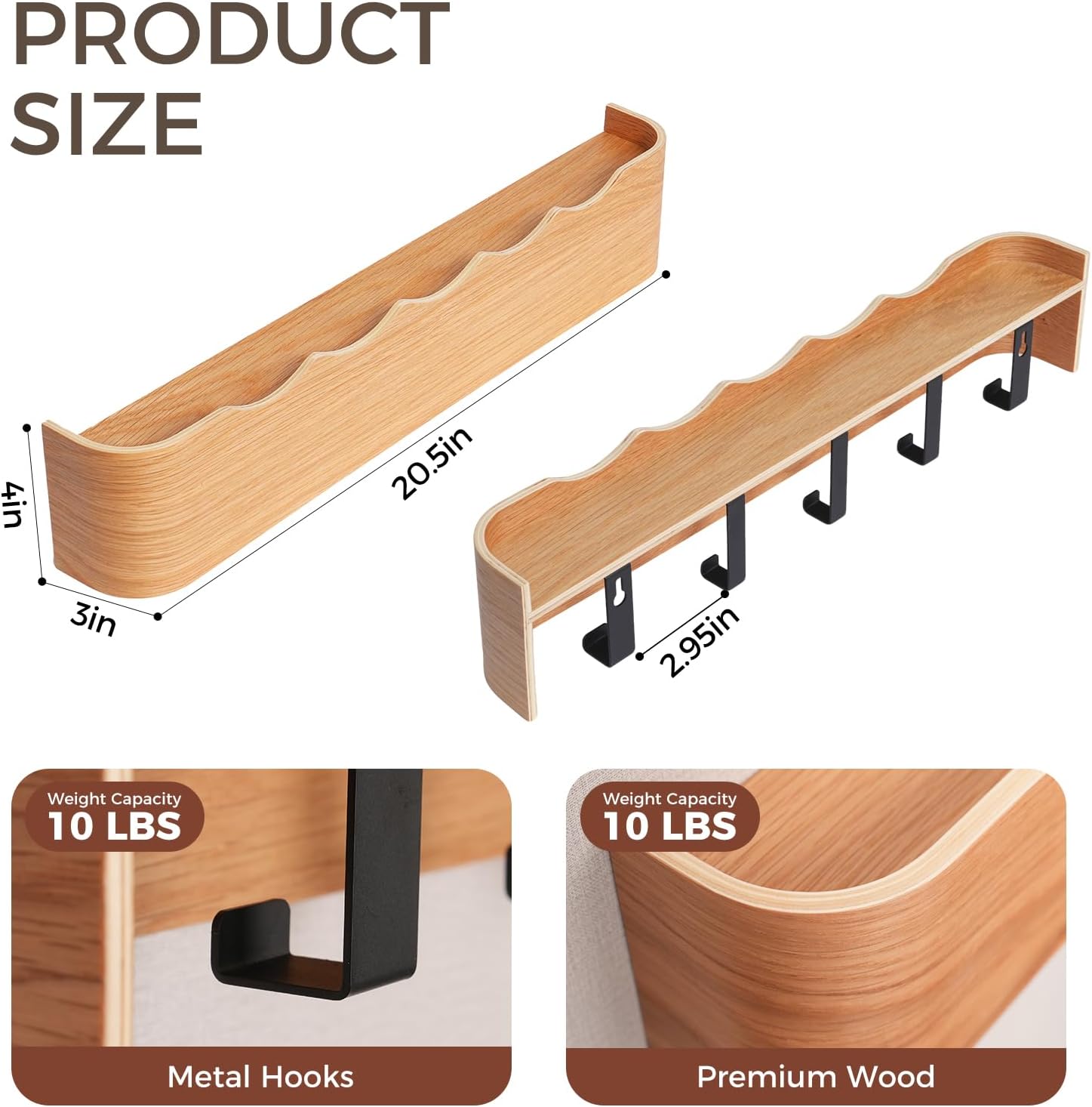 Shelf Entryway Shelf Modern Key Holder Hanger Wall Shelves / Wavy Oak / 5 Hooks