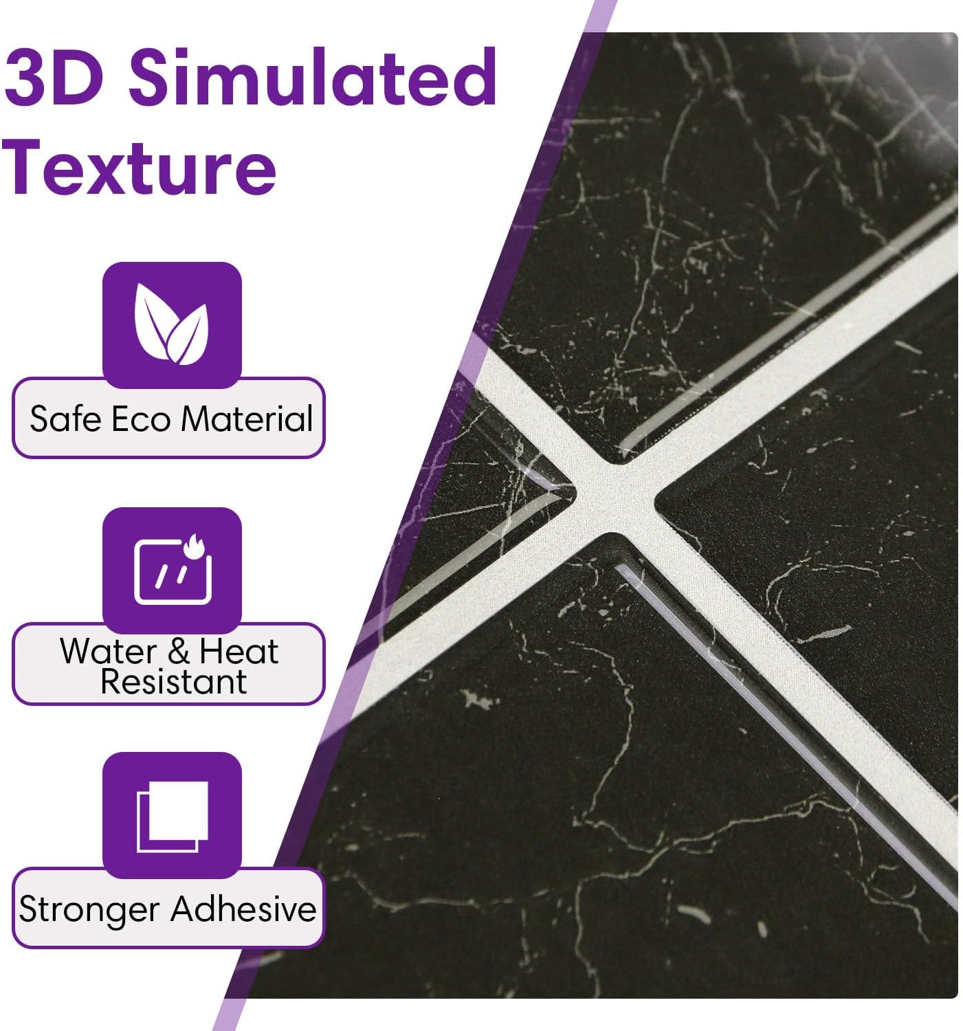 Thicker Marble Peel and Stick Backsplash Tiles- of "-3D / ST-SM-B / Black / 12 x 12 / Set of 10