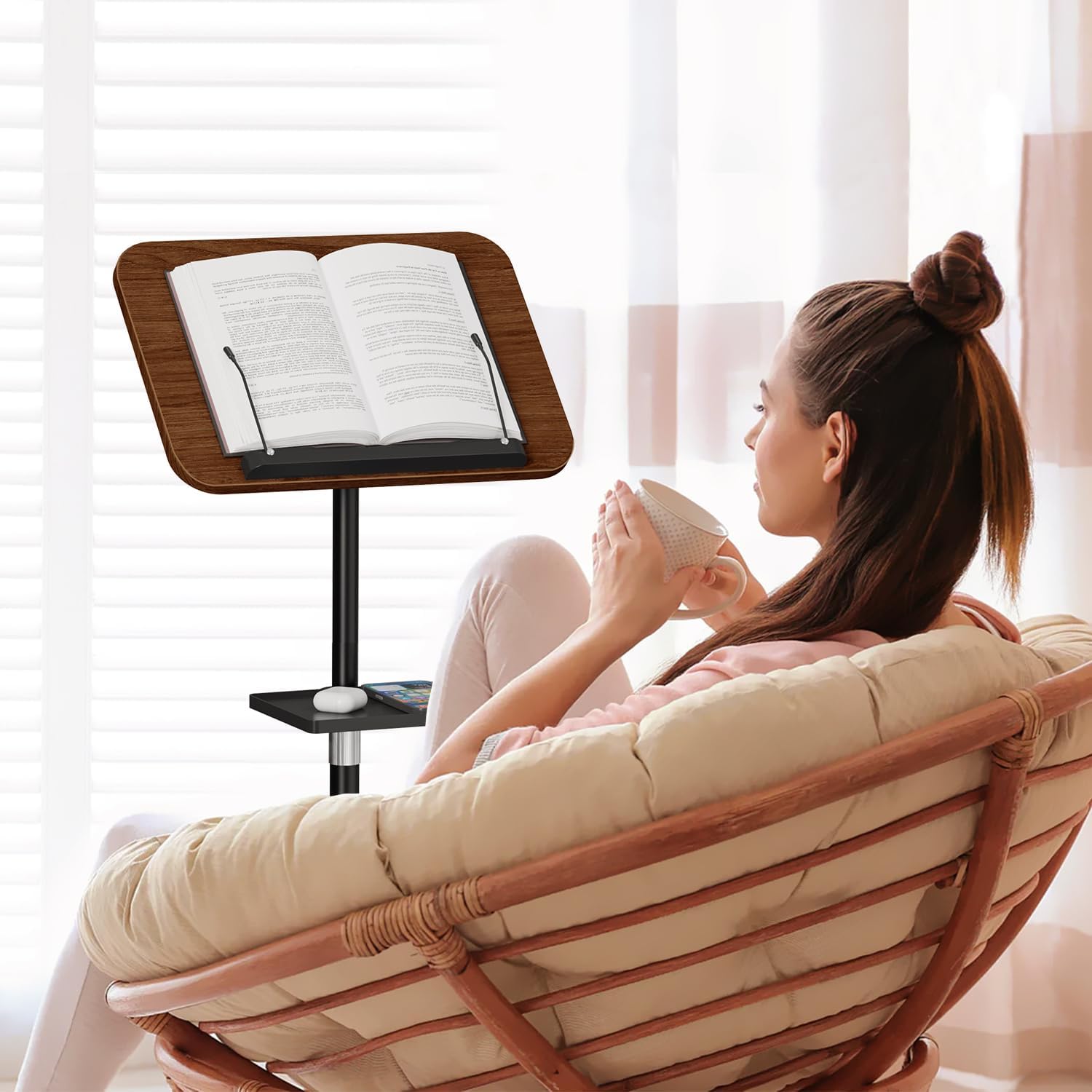 Snughome Floor Book Stand with Removable Tray, Wood Standing Book Stand for Reading, Height Adjustment 21"-51", Music