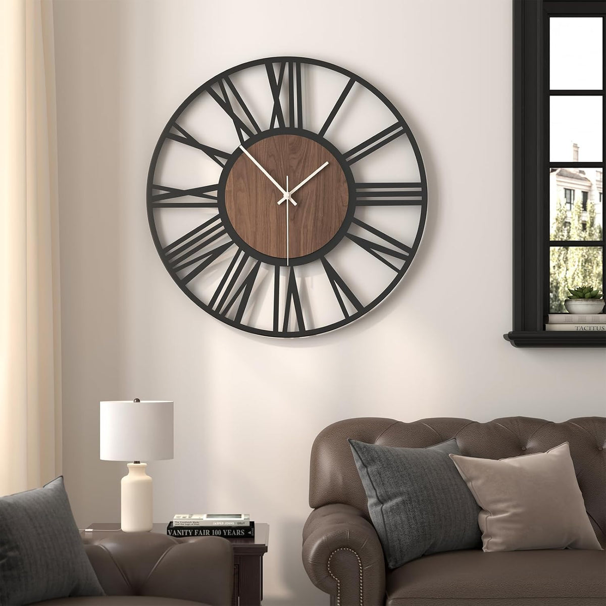 Cuspin 30 Inch Large Wall Clock Black Metal Frame with Walnut Wood Dial | Battery operated, Silent non ticking, Roman