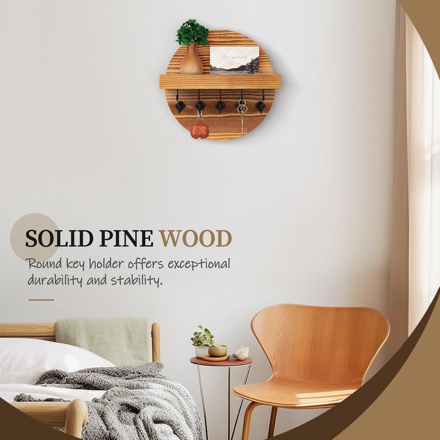 Round Wooden Rustic Wall Organizer for Entryway / Light Brown / 9.8 Inch
