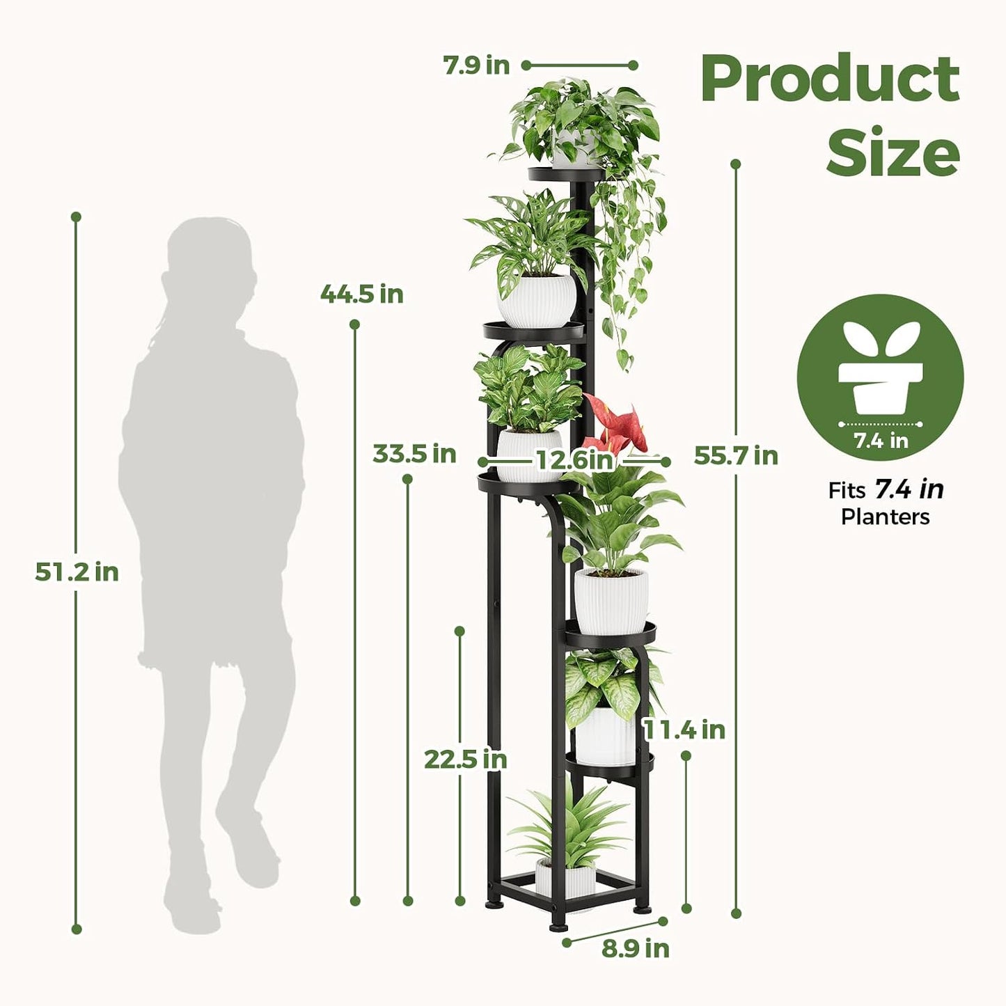 Bamworld Tall Plant Stand Indoor Outdoor Corner Metal Flower Pot Stands | 5 Tier Black Heavy Duty Plant Shelf for