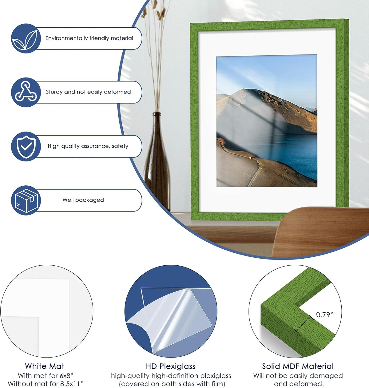 11x14 Picture Frame Set of 6, Wall or Tabletop Display, Green | Display Pictures 8x10 with Mat or 11x14 Without Mat