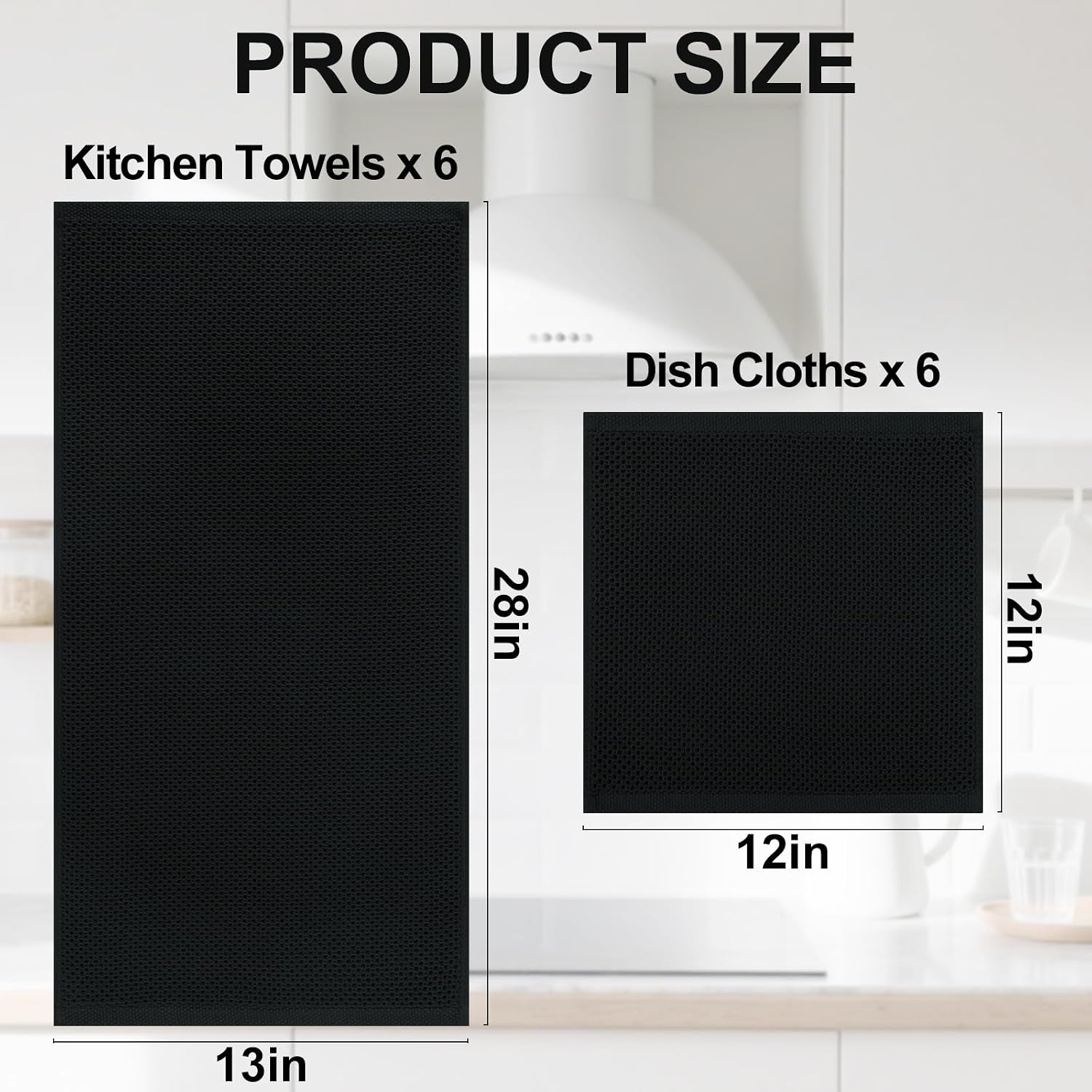 Homaxy 12 Pack 100% Cotton Kitchen Towels and Dishcloths Set, Black | 12 x 12 Inches and 13 x 28 Inches Kitchen Towels