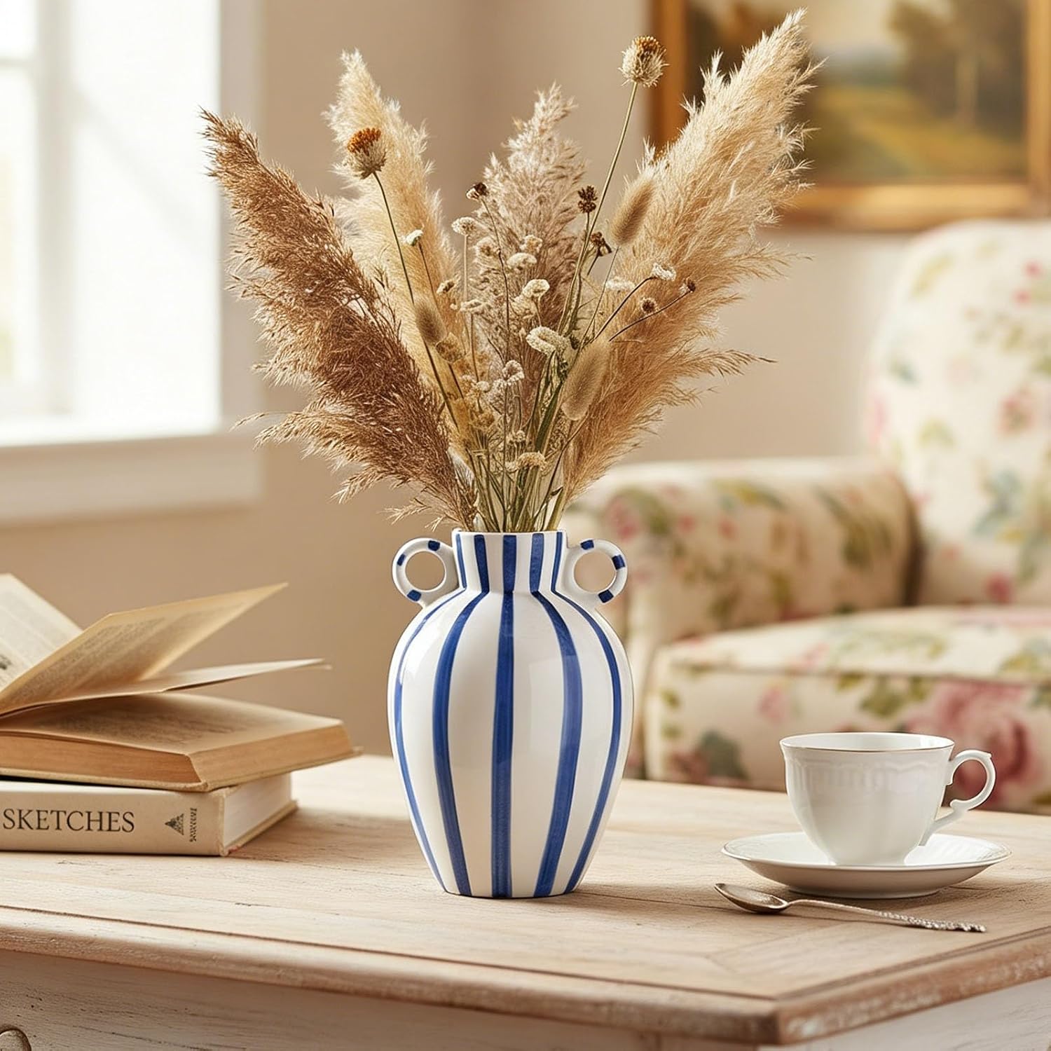 Ceramic Striped Flower Vase / Blue