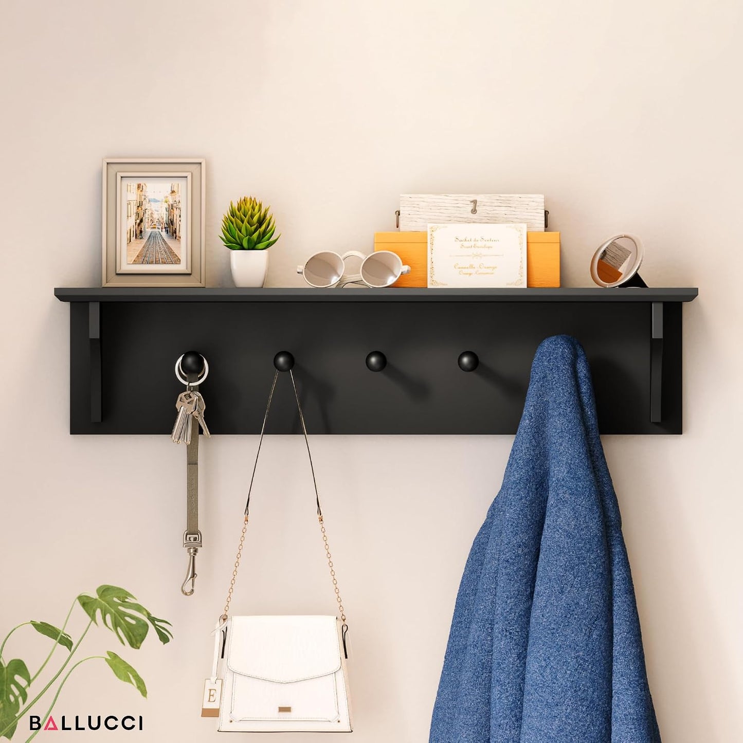 Ballucci Floating Coat and Hat Wall Shelf Rack, 5 Pegs Hook, 24", Black