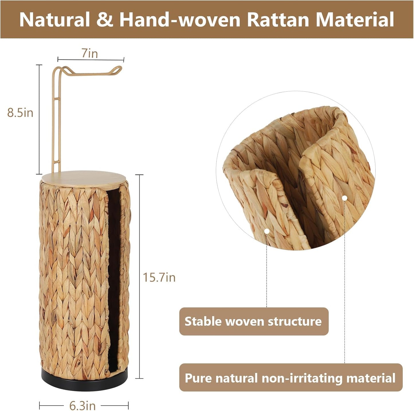 Freestanding Toilet Paper Holder with Storage,3 Rolls of Tissue Holder for Bathroom,Handmade Woven Toilet Paper Roll