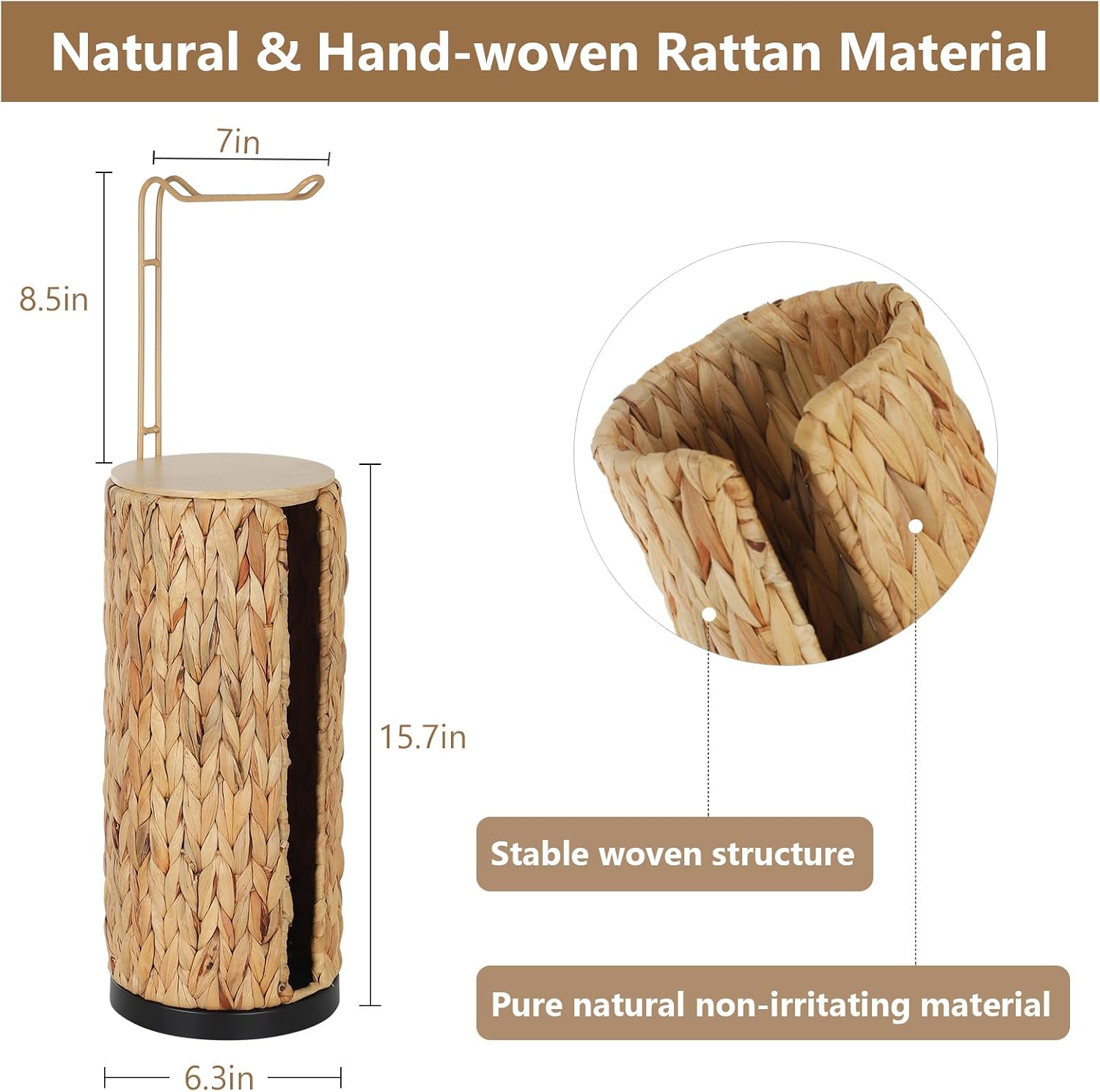 Freestanding Toilet Paper Holder with Storage,3 Rolls of Tissue Holder for Bathroom,Handmade Woven Toilet Paper Roll