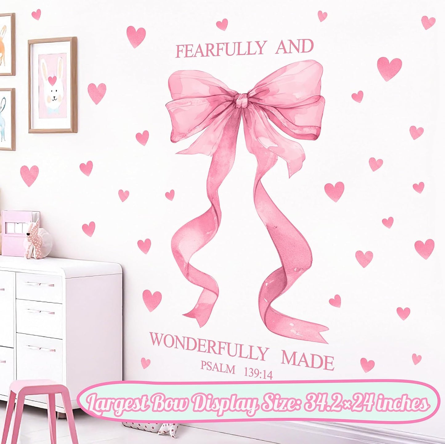 Pink Bow Wall Decor Stickers Inspirational Girls Room Wall Decals Peel and Stick / Large Pink Bow