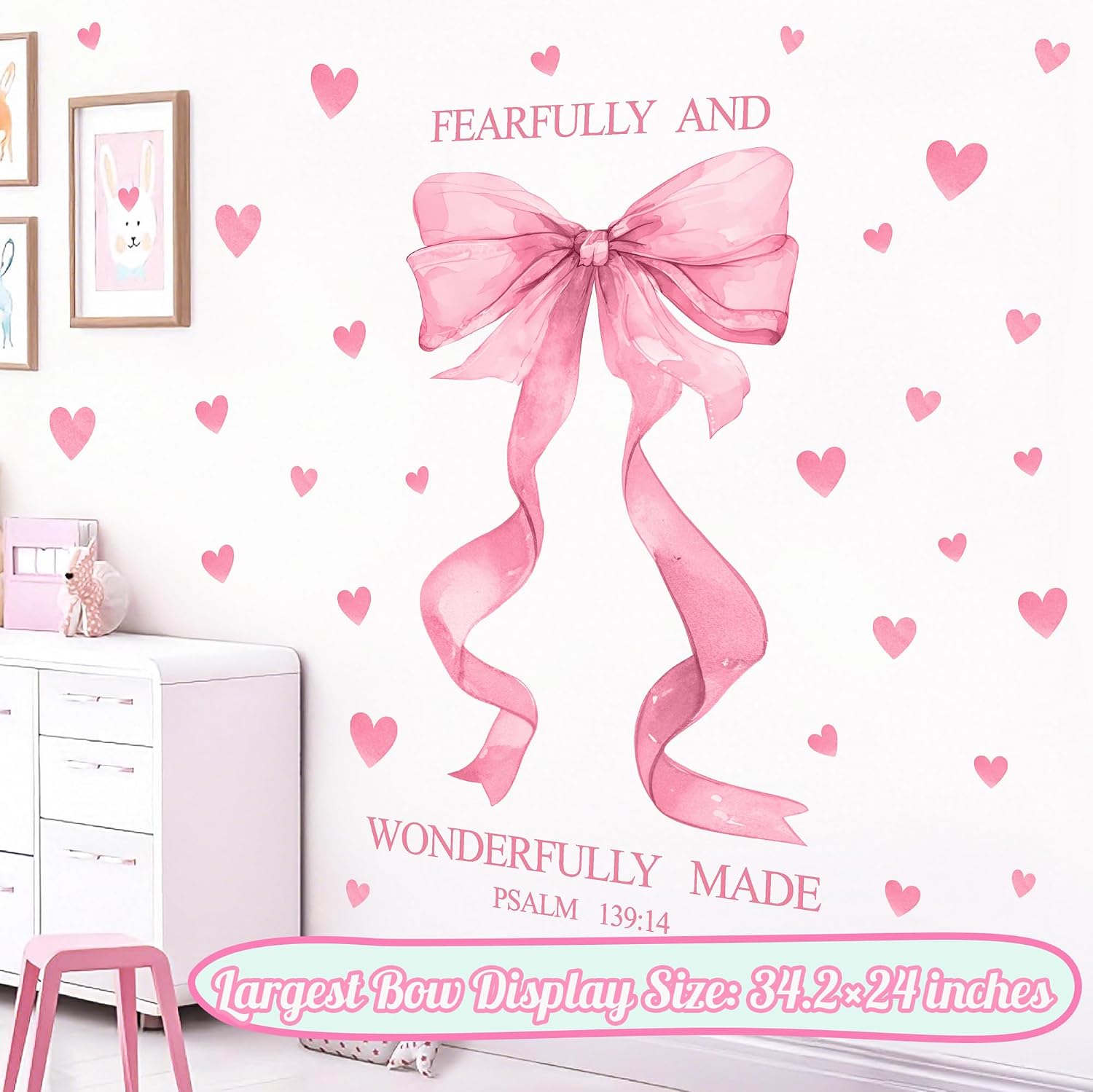 Pink Bow Wall Decor Stickers Inspirational Girls Room Wall Decals Peel and Stick / Large Pink Bow