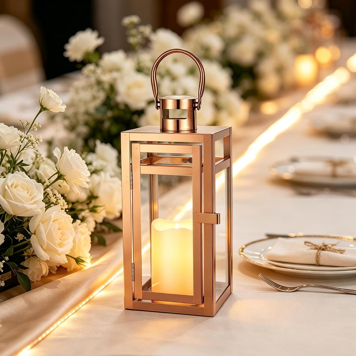 TRIROCKS Stainless Steel Decorative Lantern 12'' High Metal Candle Holder with Tempered Glass Perfect for Home Decor
