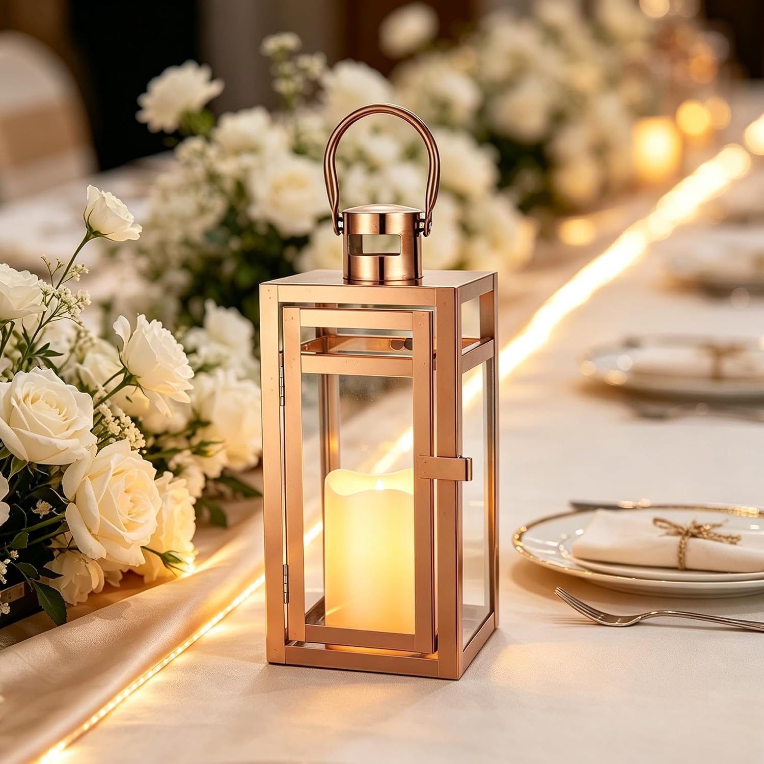 TRIROCKS Stainless Steel Decorative Lantern 12'' High Metal Candle Holder with Tempered Glass Perfect for Home Decor
