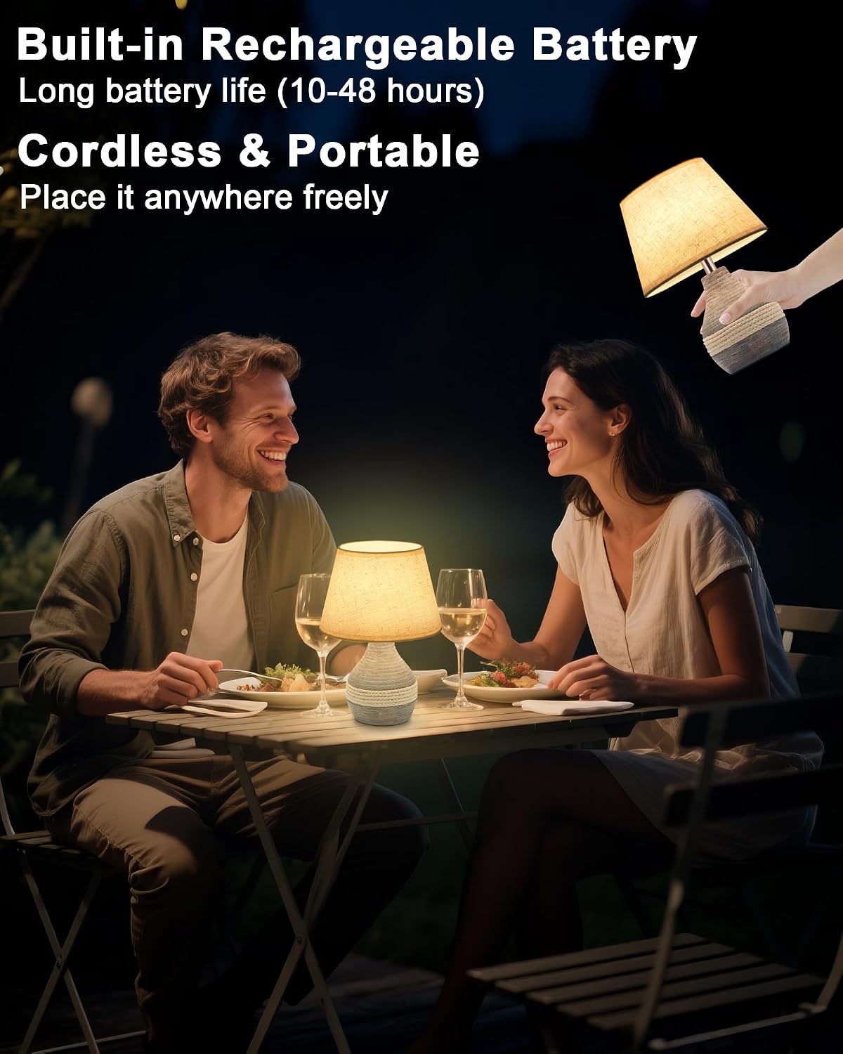 10" H Small Rechargeable Cordless Ceramic Table Lamp, Coastal | Remote Control RGB, Warm White Light, Timer, Dimmer