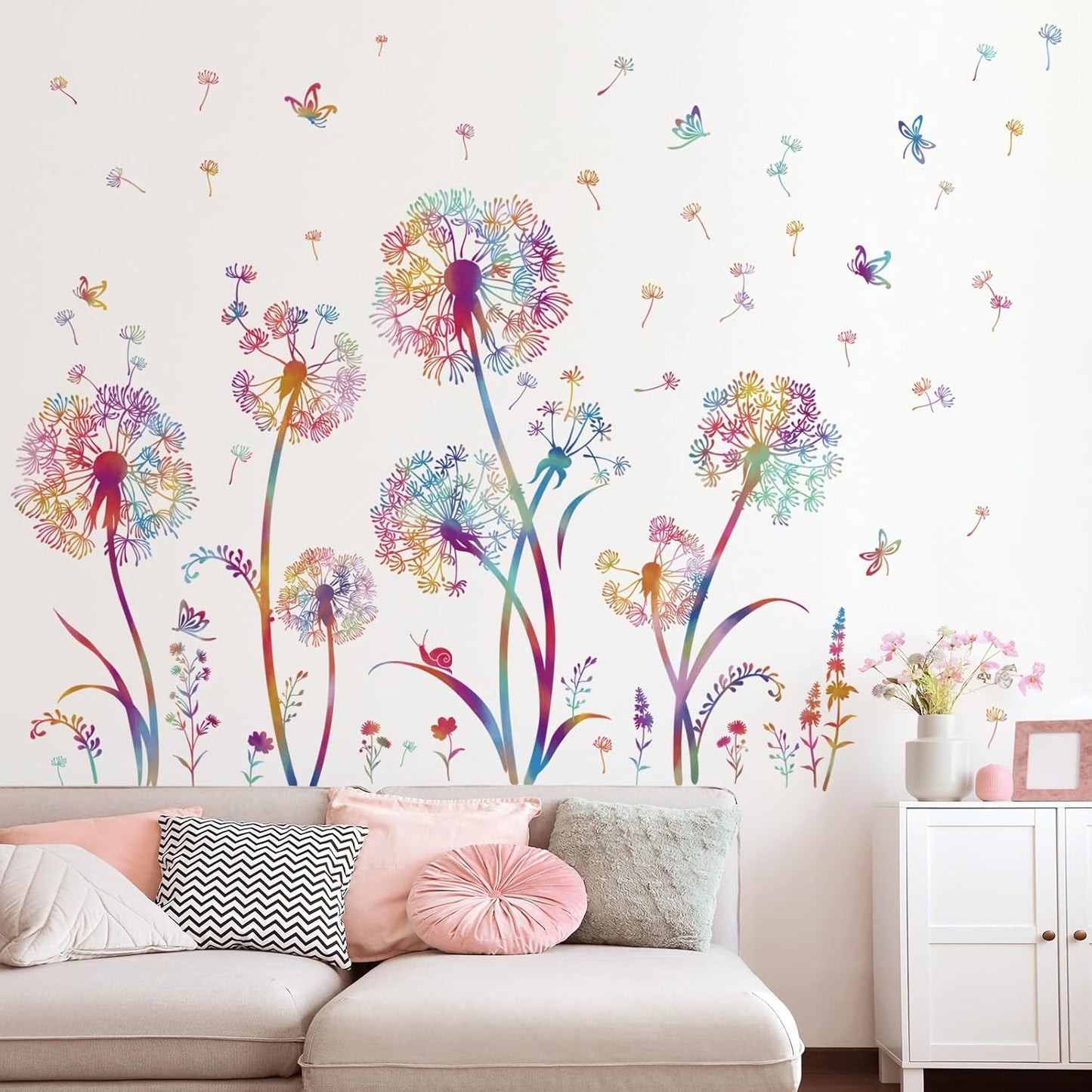 Colorful Blowing Dandelion Wall Decals Flying Flowers Butterflies Floral Peel and Stick Wall Art