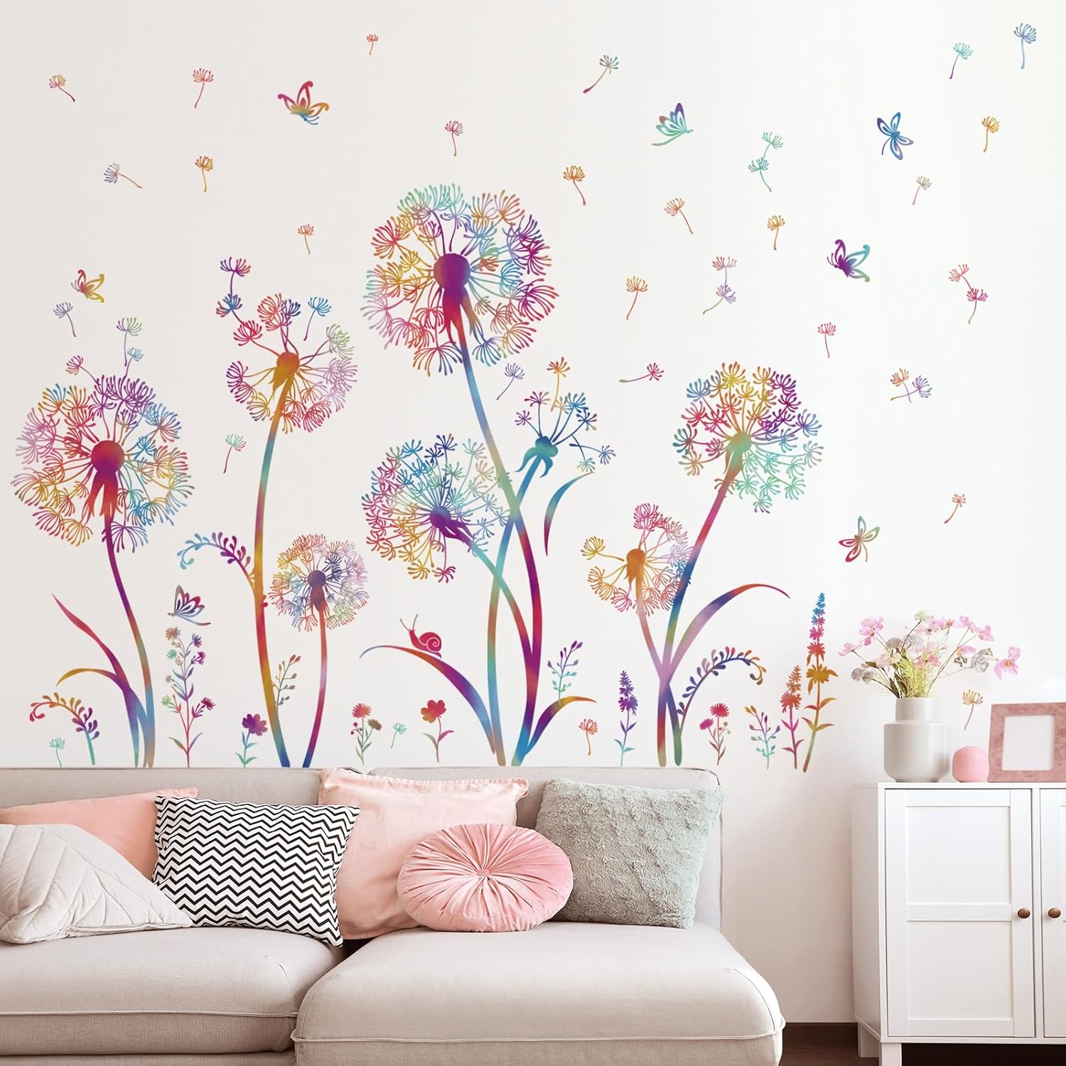 Colorful Blowing Dandelion Wall Decals Flying Flowers Butterflies Floral Peel and Stick Wall Art
