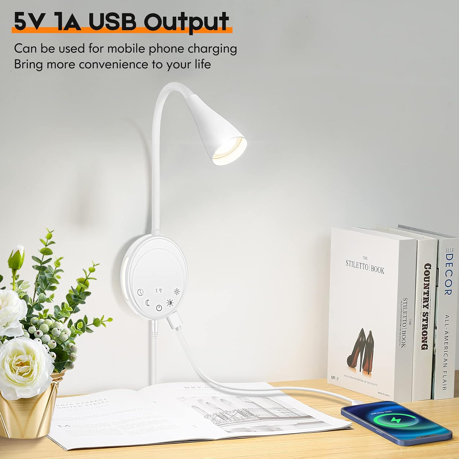 SANKEDOU LED Wall Mounted Reading Light, Book Light for Reading in Bed with Touch Control, 5 Dimmable, USB Output