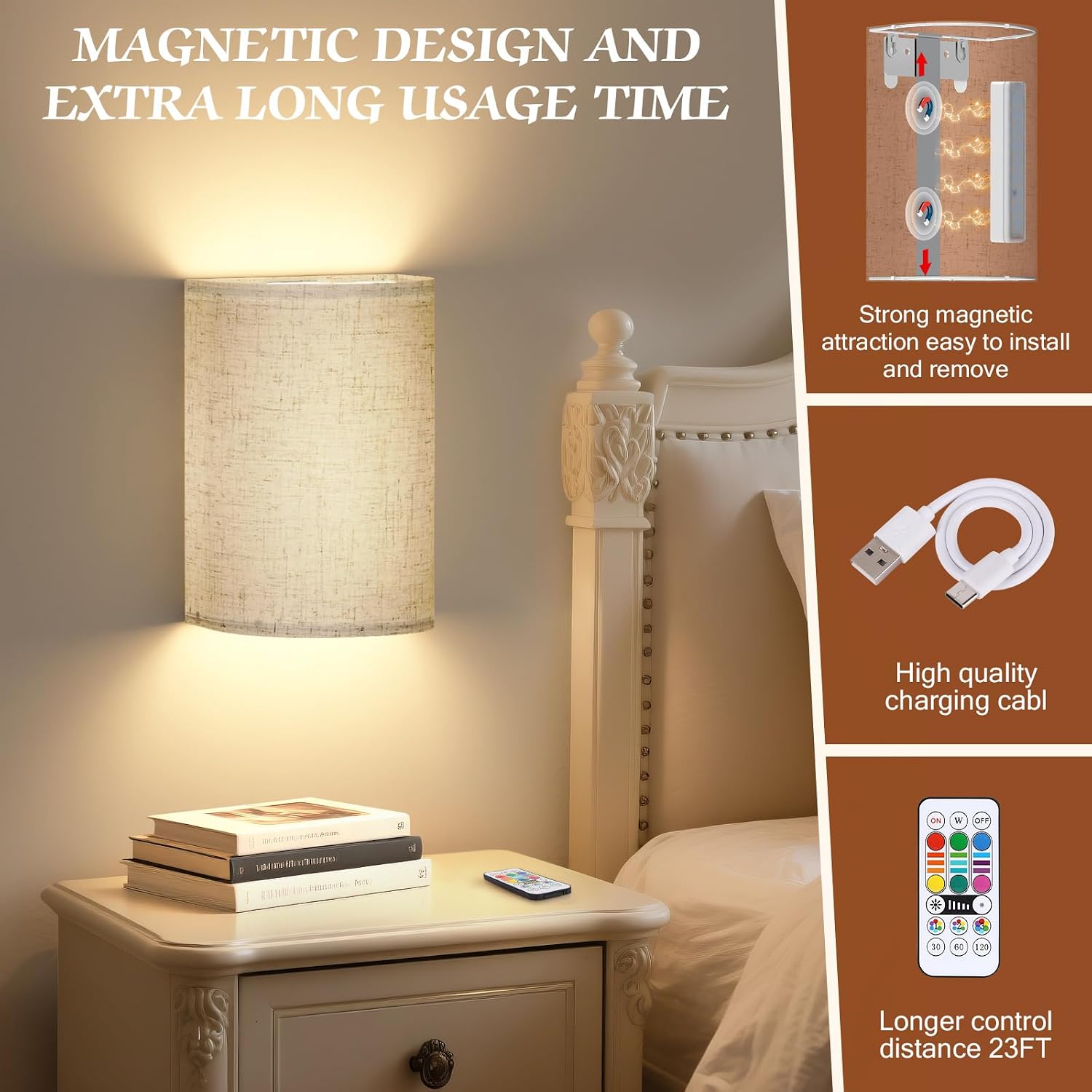 OCATO Battery Operated Wall Sconce Wireless Wall Sconces Set of Two | Rechargeable Magnetic Bulb Wall Lights Lamp