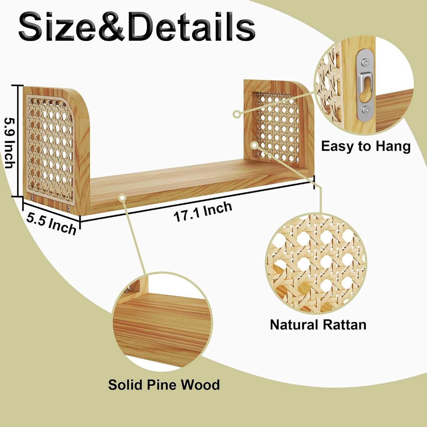 Hanging Book Shelves / Natural Rattan Wall Shelf / 5.5"D x 17.1"W x 5.9"H