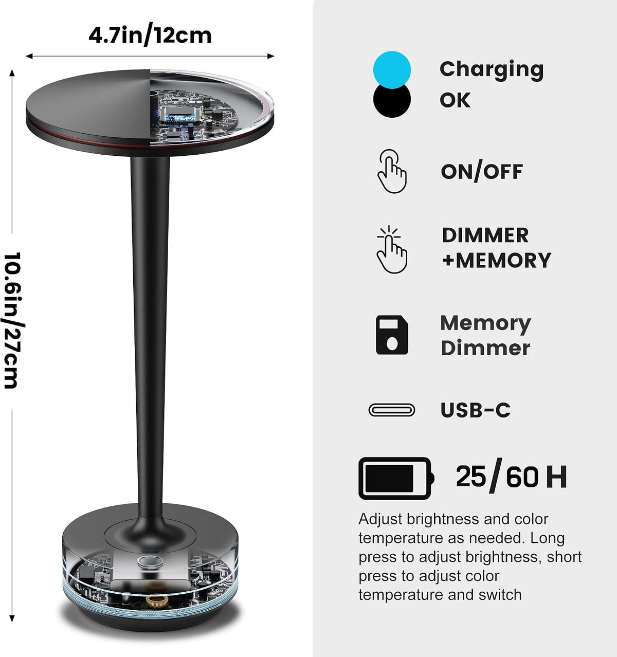 Cordless Rechargeable LED Table Lamp Set of 2 Black | Battery 6000mAh 3 Color Modes&Stepless Dimming Waterproof Metal