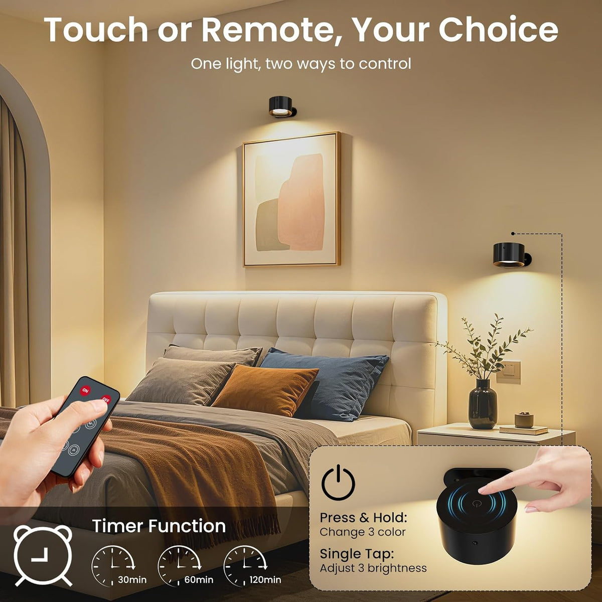Koopala 3PACK Rechargeable LED Wall Sconce, Cordless Battery with Remote Powered Wall Sconce, 3 Brightness Levels, 360°