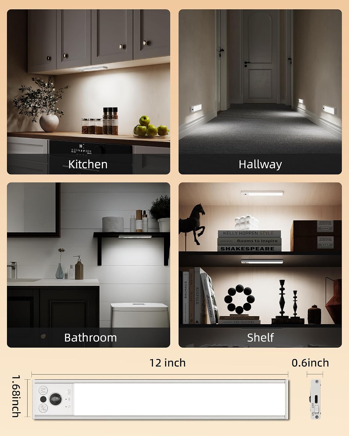 EZVALO 12inch Under Cabinet Lighting, 2 Pack 3100mAh Rechargeable Motion Sensor Light Indoor with 3 Color Temperatures