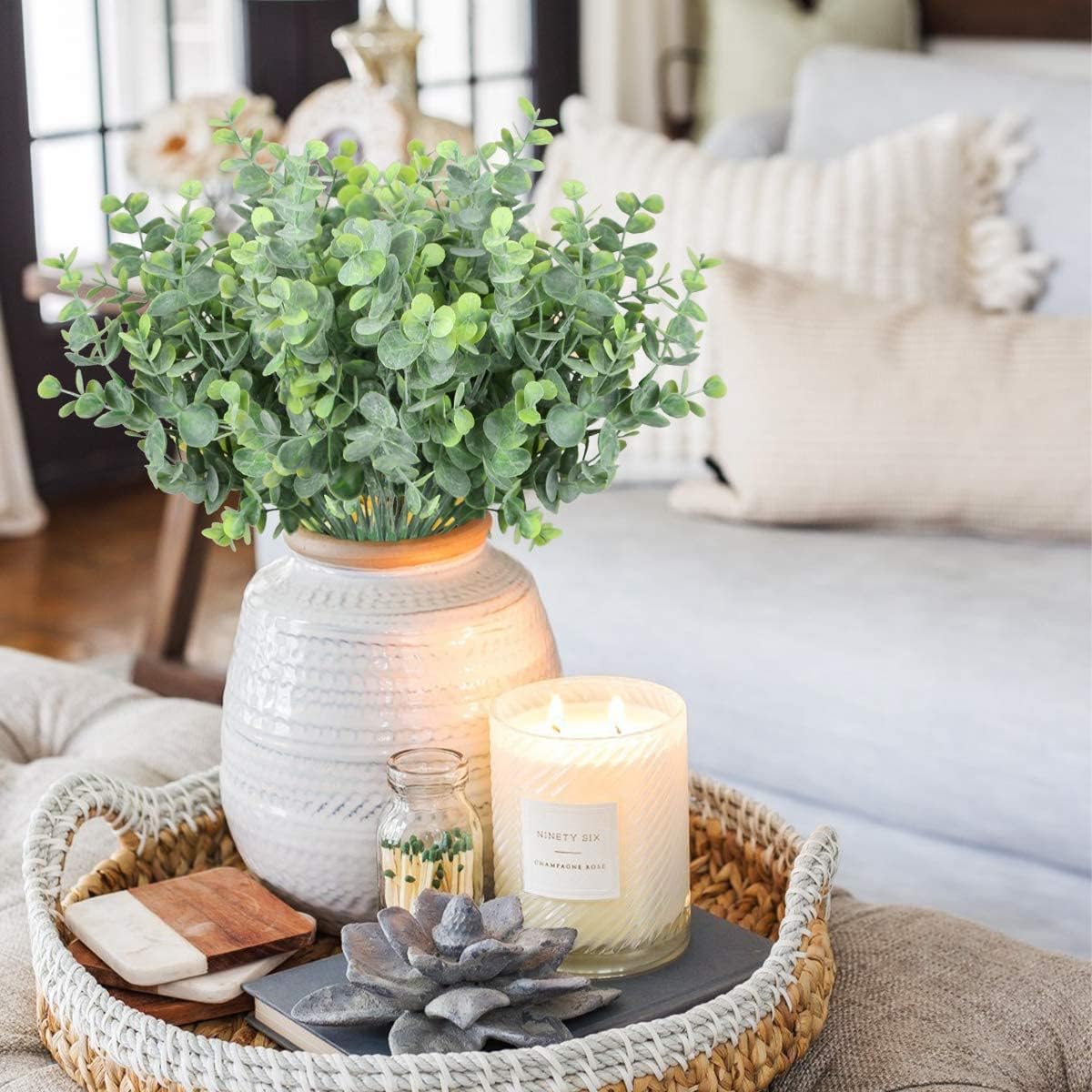 Artificial Eucalyptus Stems Outdoor Plants Farmhouse Plastic Greenery / Dusty Eucalyptus / Set of 6