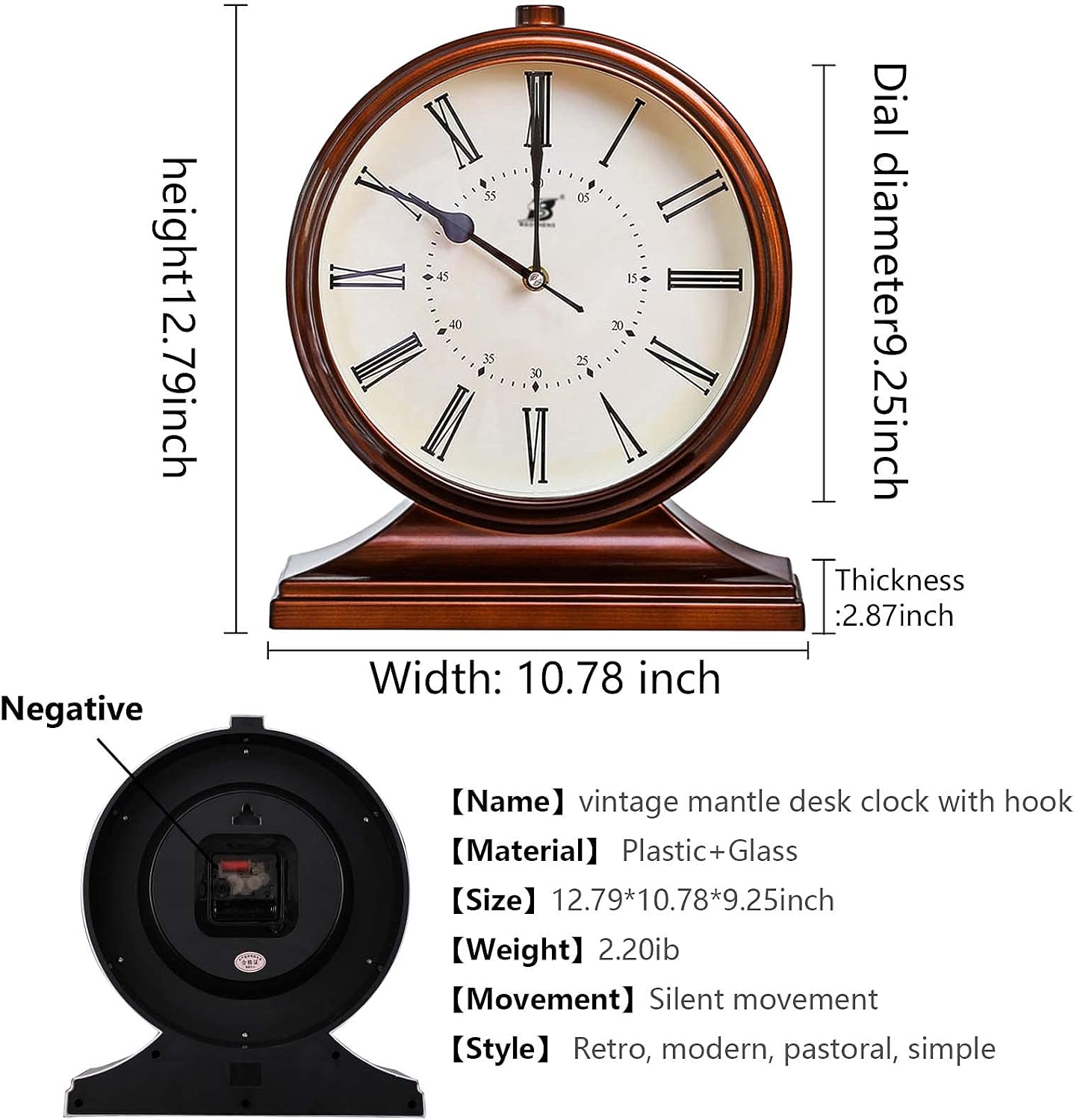 Silent Vintage Farmhouse Mantel Clock for Living Room 10-inch | Desk Clock Battery Operated for Table