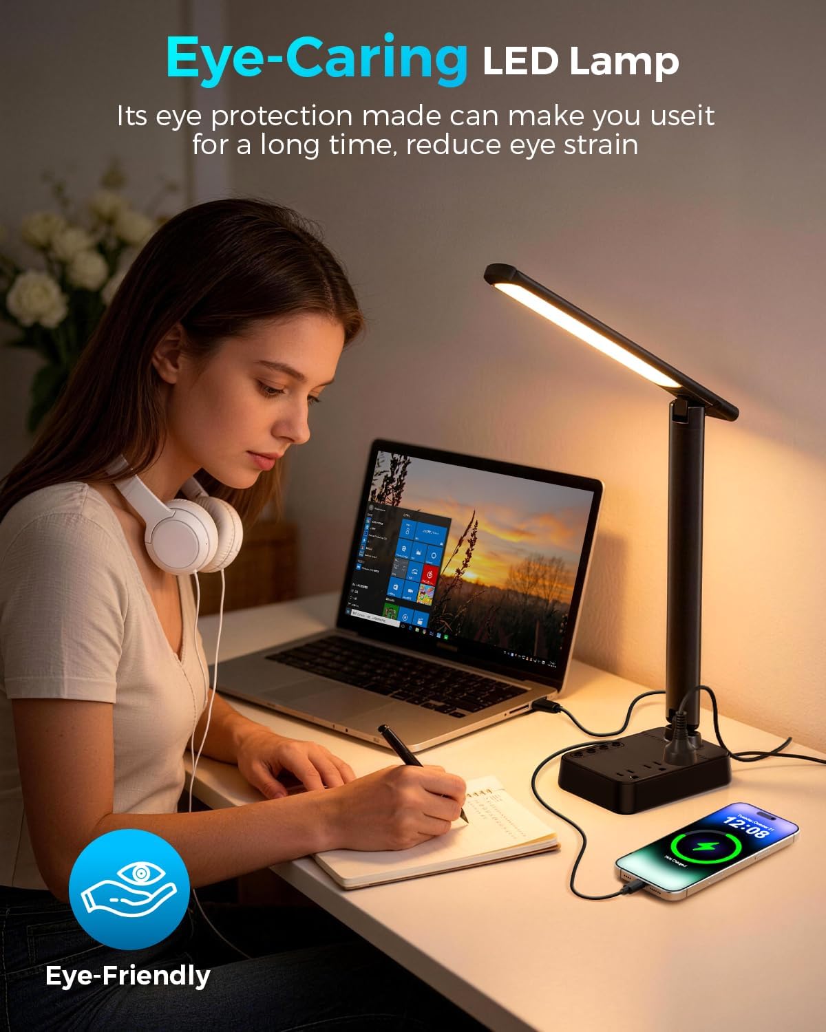 LED Desk Lamp with Power Strip, 3 AC Outlets, 4 USB Ports, Stepless Dimming | 2800K-6500K Color, 2 USB-C, Foldable