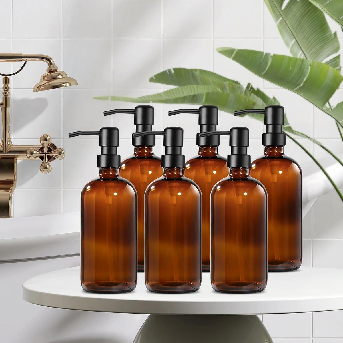 GMISUN Amber Glass Soap Dispenser, 6 Pack Bathroom Hand Soap Dispensers with Stainless Steel Pump, 17 Fl Oz Kitchen