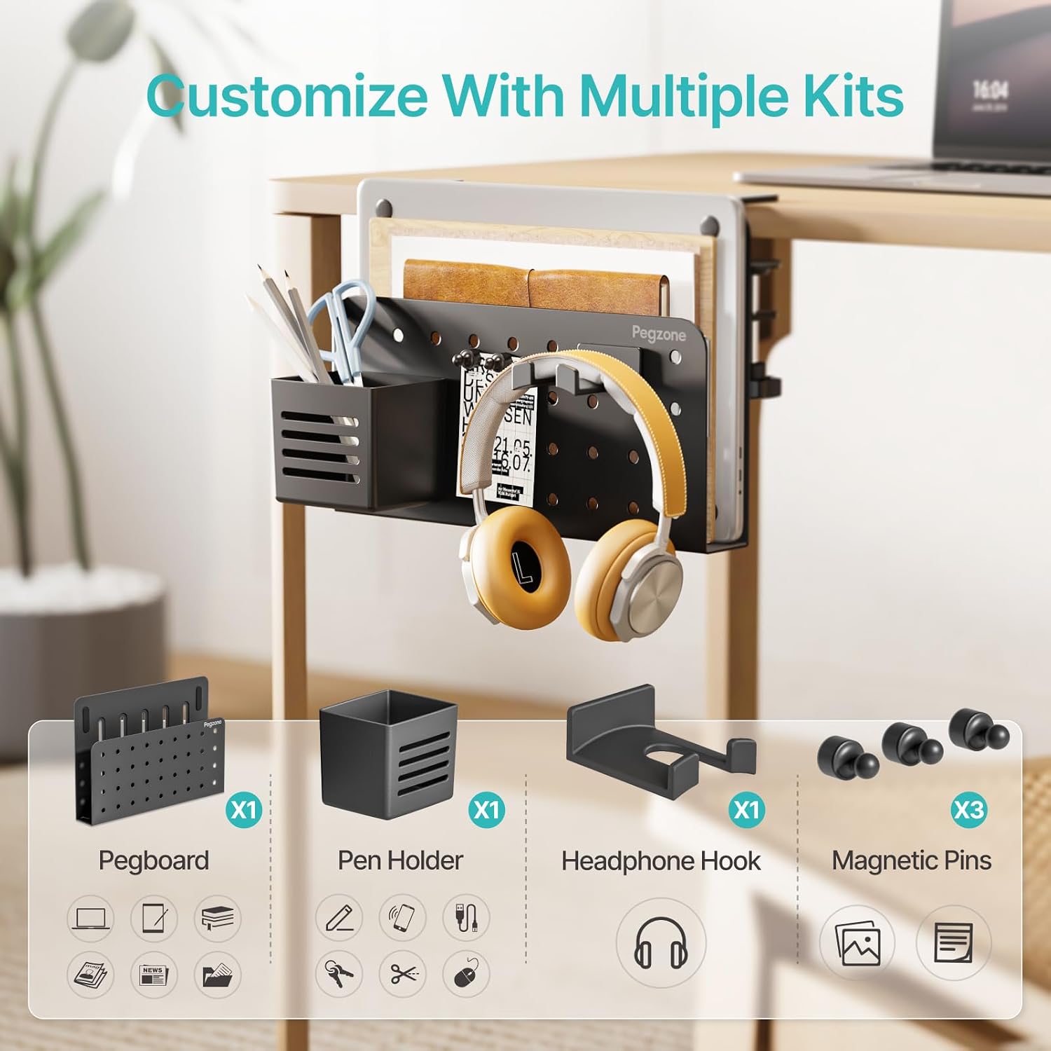 Desk Side Storage Organizer, Fits Flat Edge 0.4" to 2.2", Black | No Drill Under Desk Laptop Holder, Clamp on Desks