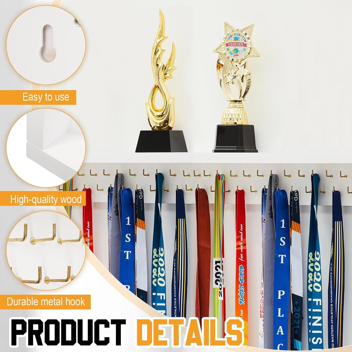 Wooden Medal Hanger Display Trophy Holder Shelf with 25/37/49/65/83 Hooks Wall Mount Ribbon Holder Gift for Gymnastics