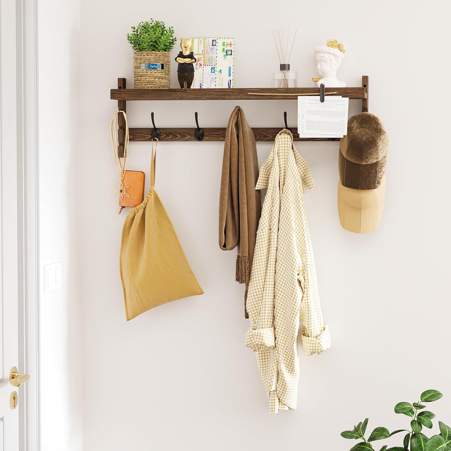 Wood Coat Hooks / 5 Hooks / 28.9 Inch