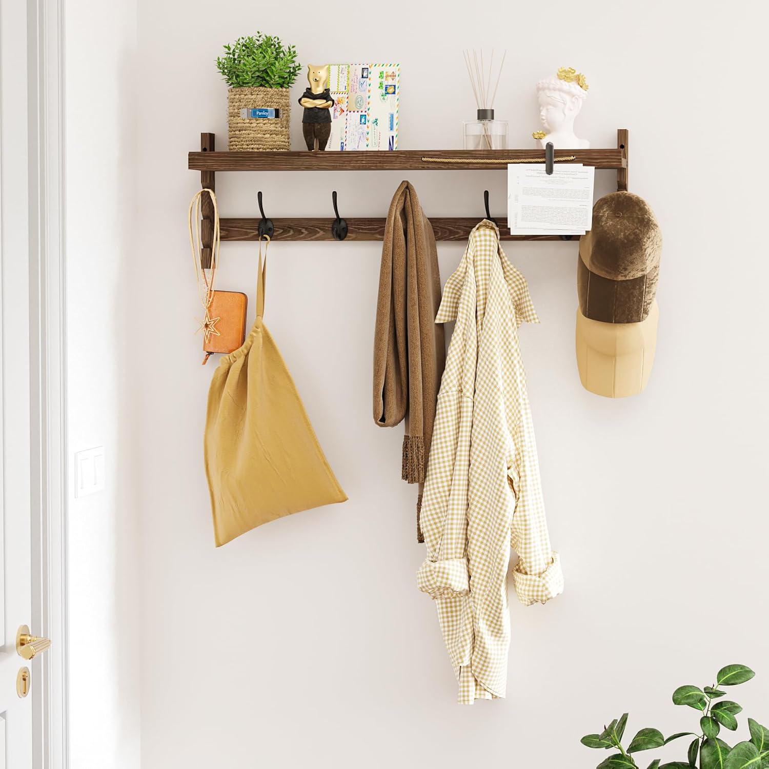 Wood Coat Hooks / 5 Hooks / 28.9 Inch