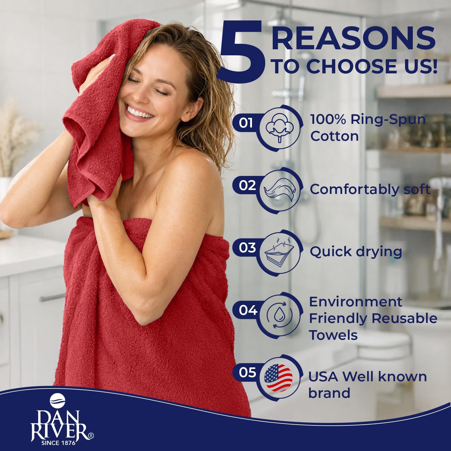DAN RIVER 8 Piece Luxury Bath Towels for Bathroom, Towel Set, Red | 2 Bath towels, 2 Hand towels, and 4 Wash Cloths