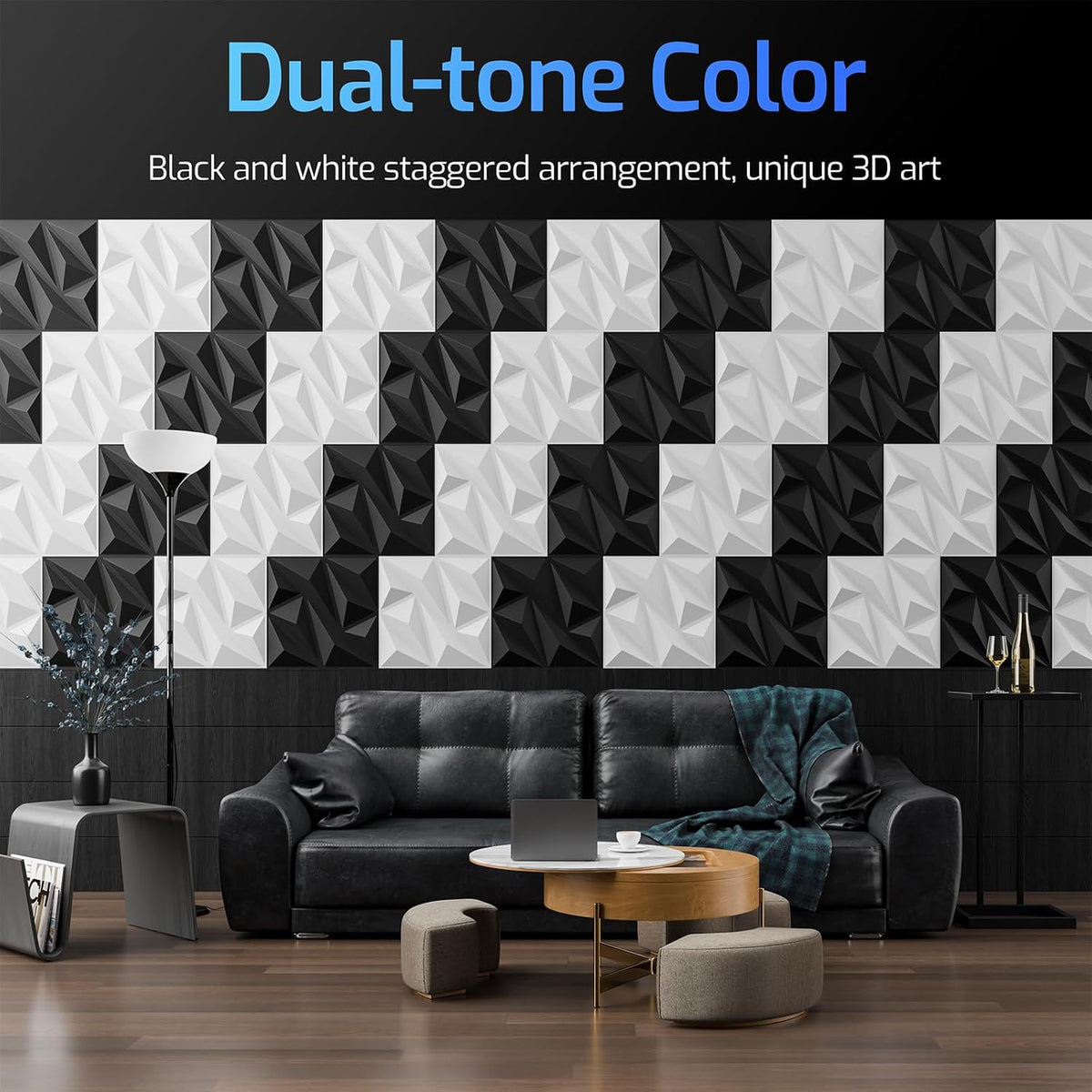 3D Wall Panels Black 16 Pack (Covers 15.5 Sq.Ft), 12" x 12" Diamond Texture Premium PVC Wall Tiles for Interior Decor