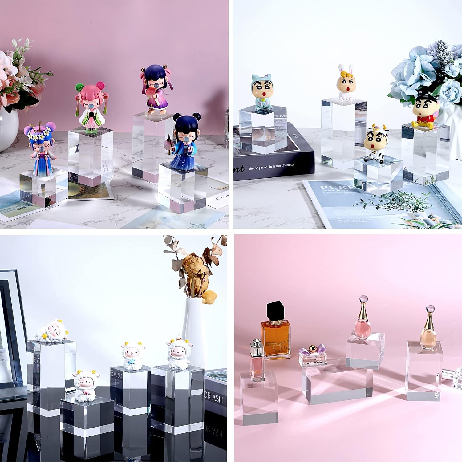 Acrylic Display Risers Stand Square Action Figures Collection / Square,4-pack / Clear / Set of 4