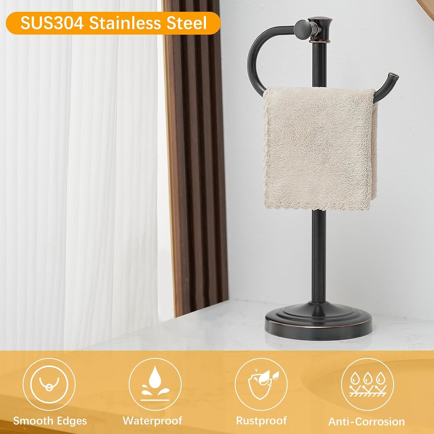 Stand Hand Towel Holder, Countertop Towel Bar, Oil Rubbed Bronze | 17 Inch Bathroom Towel Hanger, Freestanding Vanity