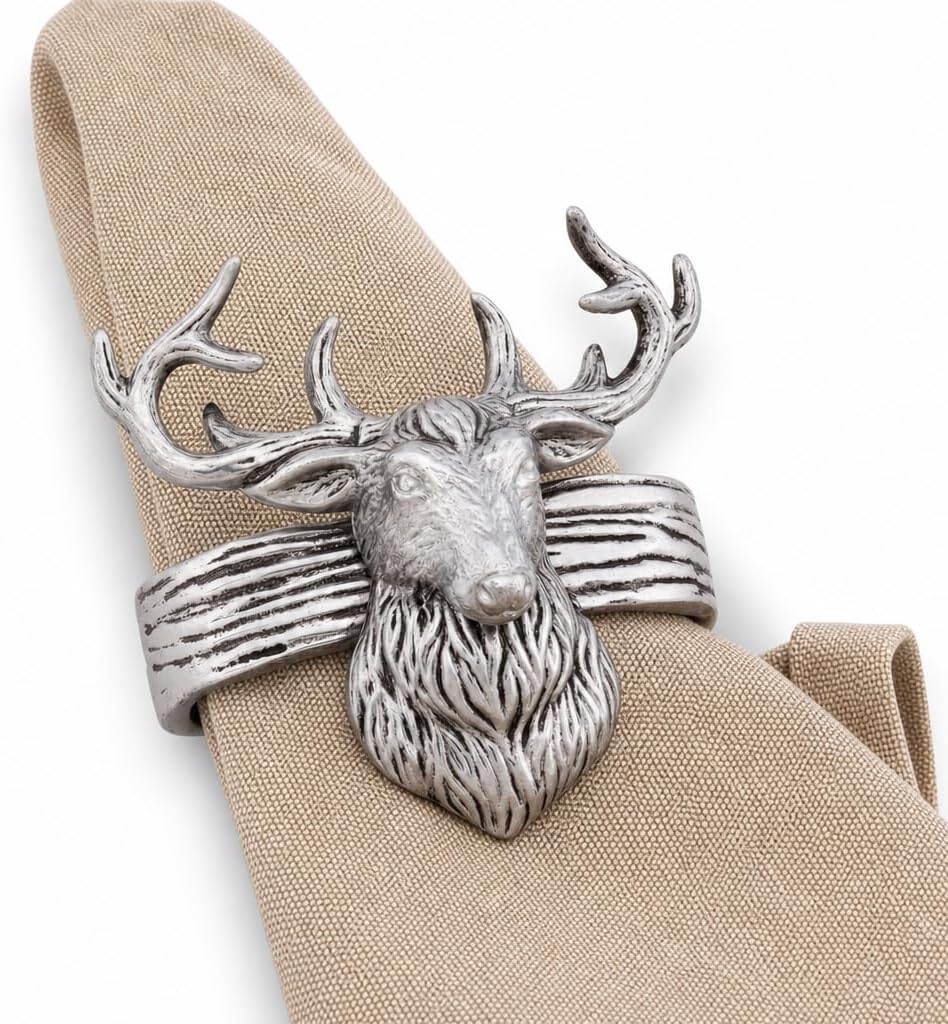 Arthur Court Elk Head Napkin Rings - Rustic Metal Set of 4 for Lodge Decor, Thanksgiving & Holiday Dining