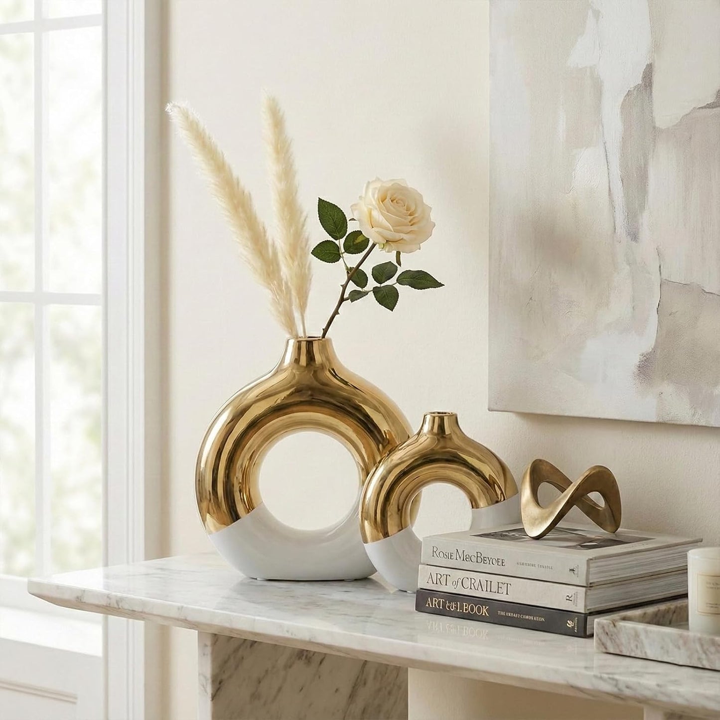 Modern Matte Ceramic Vases for Entryway Living / White and Gold / Set of 2