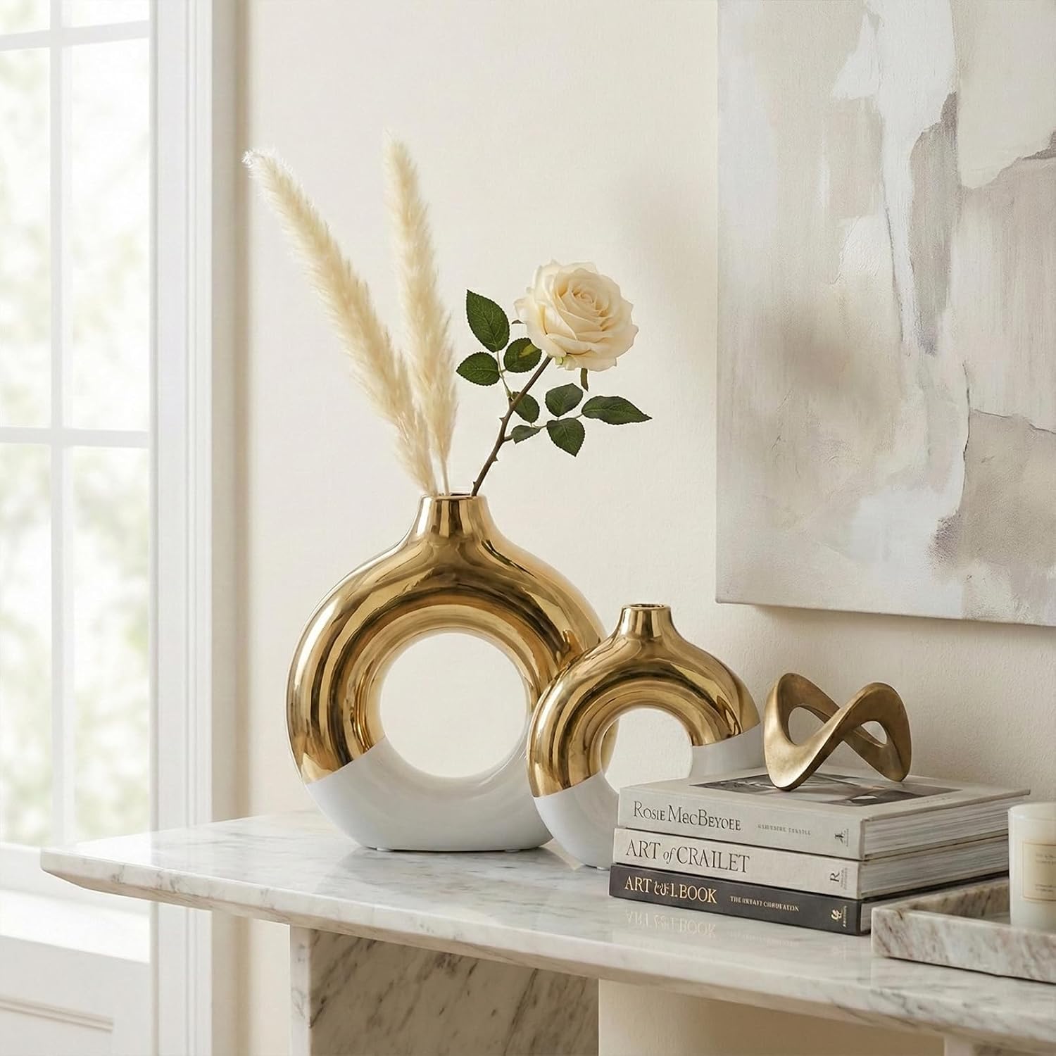 Modern Matte Ceramic Vases for Entryway Living / White and Gold / Set of 2