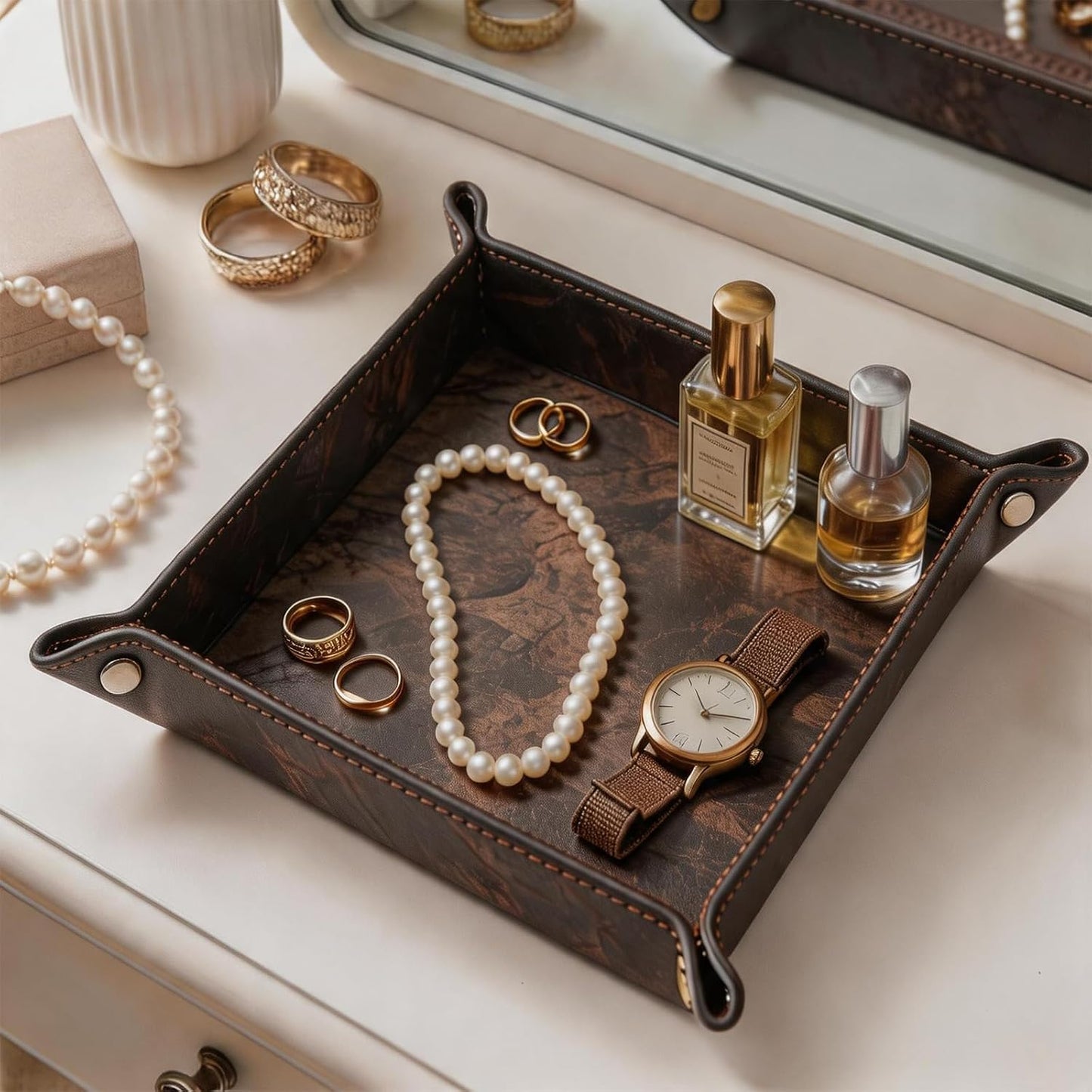 Vegan Leather Catchall Bedside Vanity Tray Nightstand Caddy Holder for Remote / Marble Brown