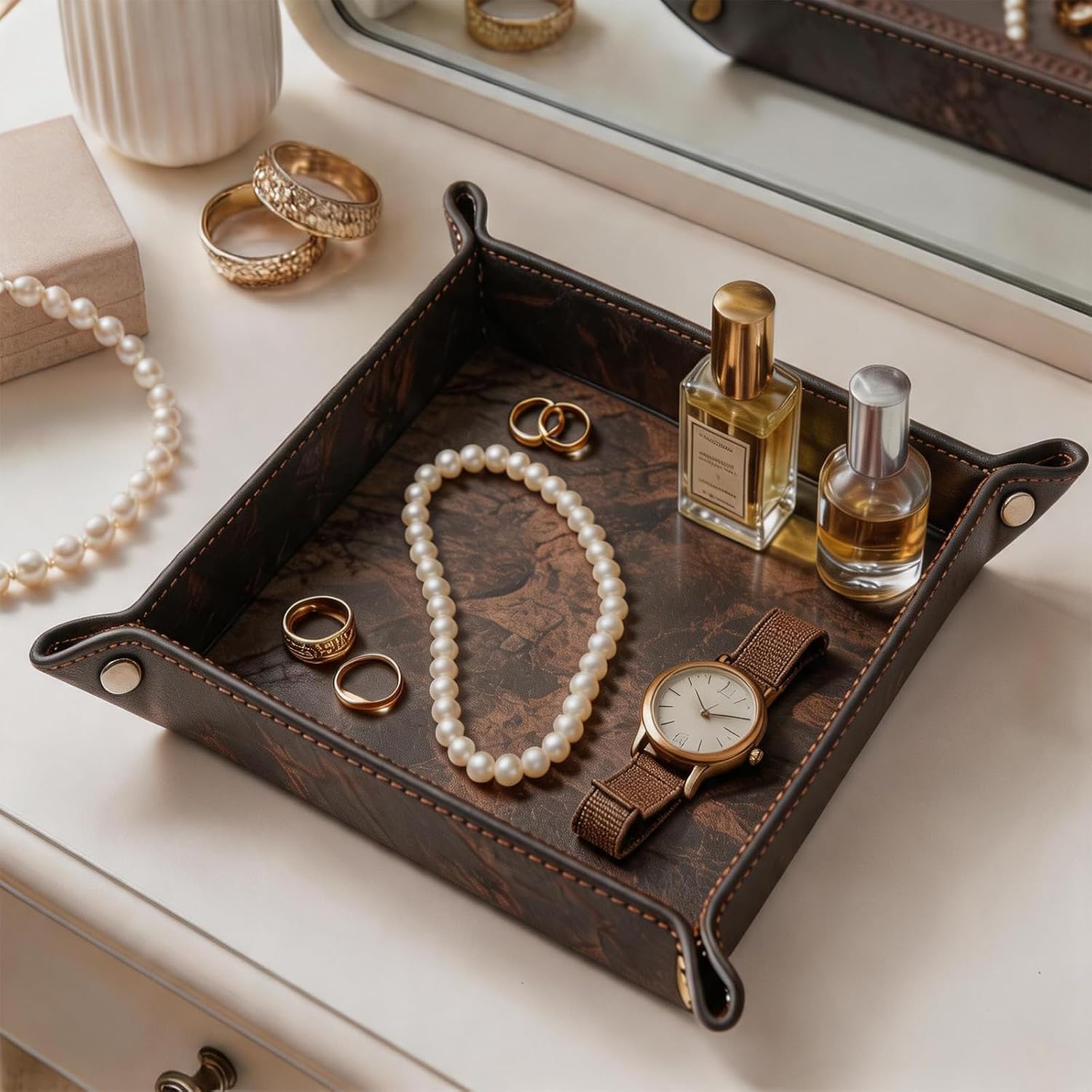 Vegan Leather Catchall Bedside Vanity Tray Nightstand Caddy Holder for Remote / Marble Brown