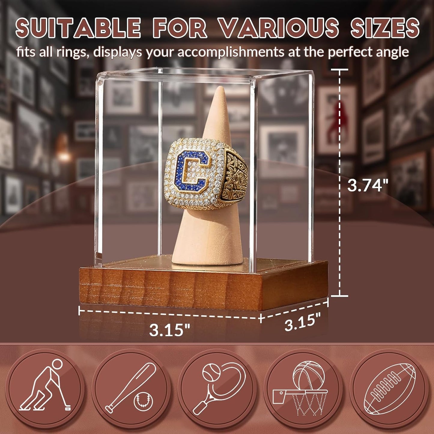 Championship Ring Display Case 2 Pack, Clear Acrylic Single Ring Holder with Wood Stand Base for Sports Basketball