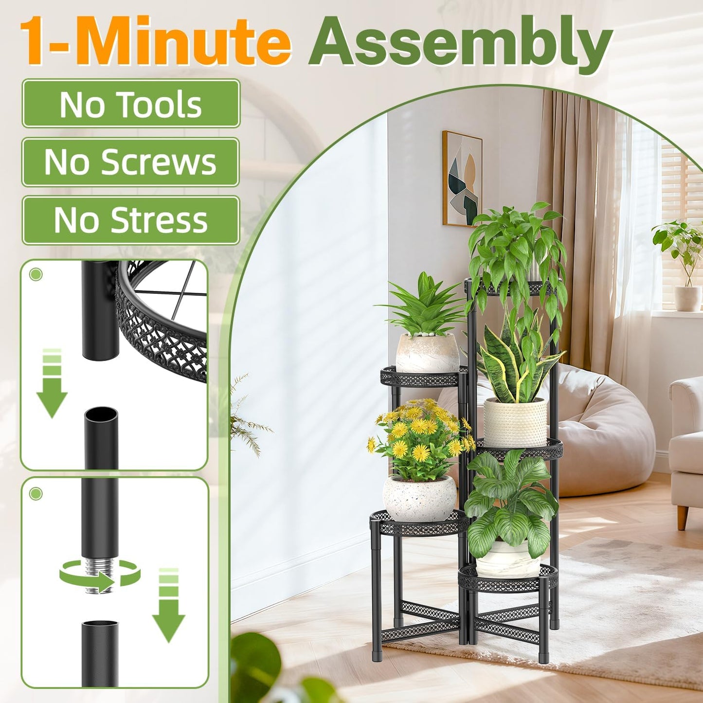 iDavosic.ly Plant Stand Indoor Outdoor, 5 Tier Iron Corner Shelf, Black | Tiered Tall Flower Display Holder, Folding