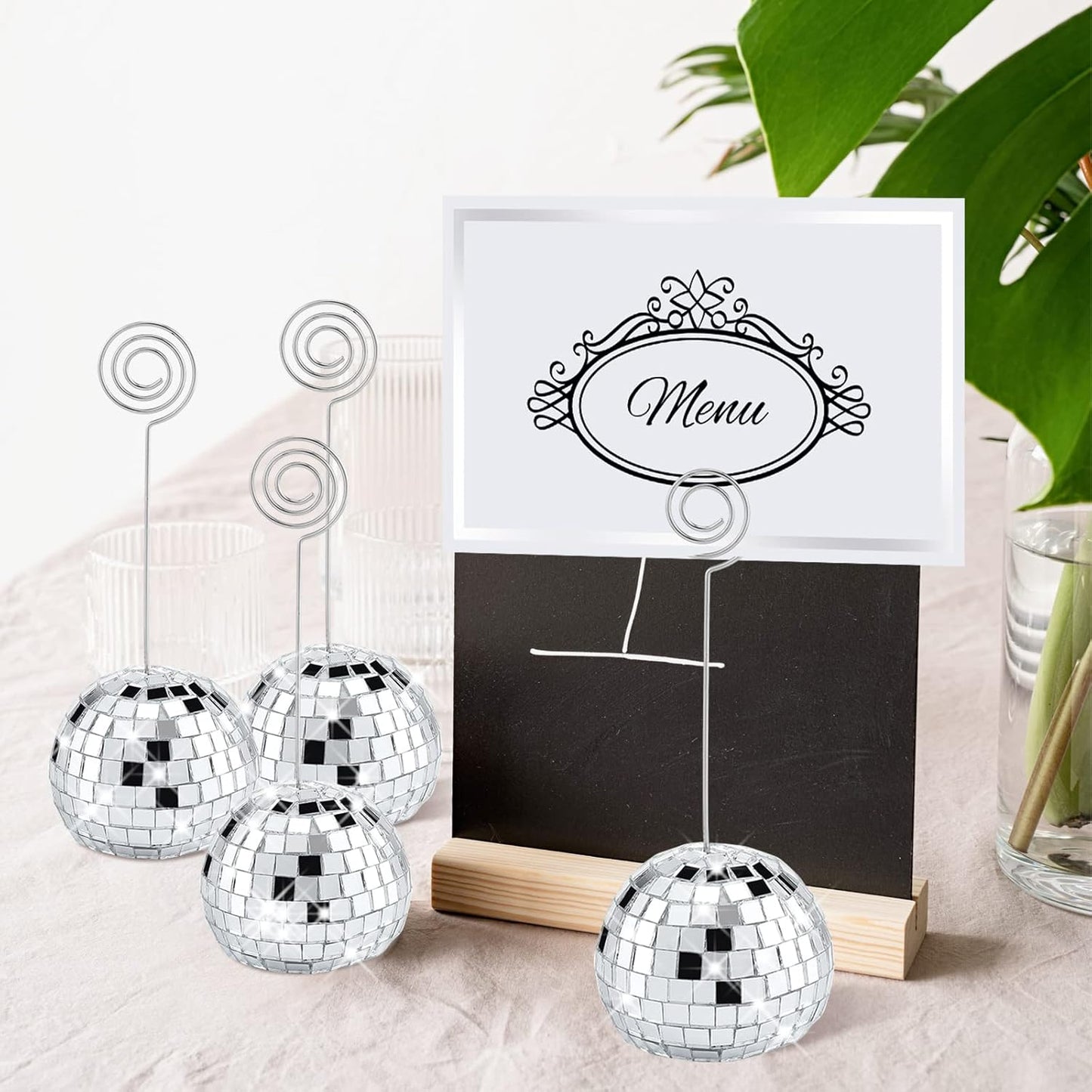 Maitys 20 Set Disco Ball Table Number Holders Silver,180pcs/60 Set,2 Inch | Swirl Wire Clips for Place Cards, Name