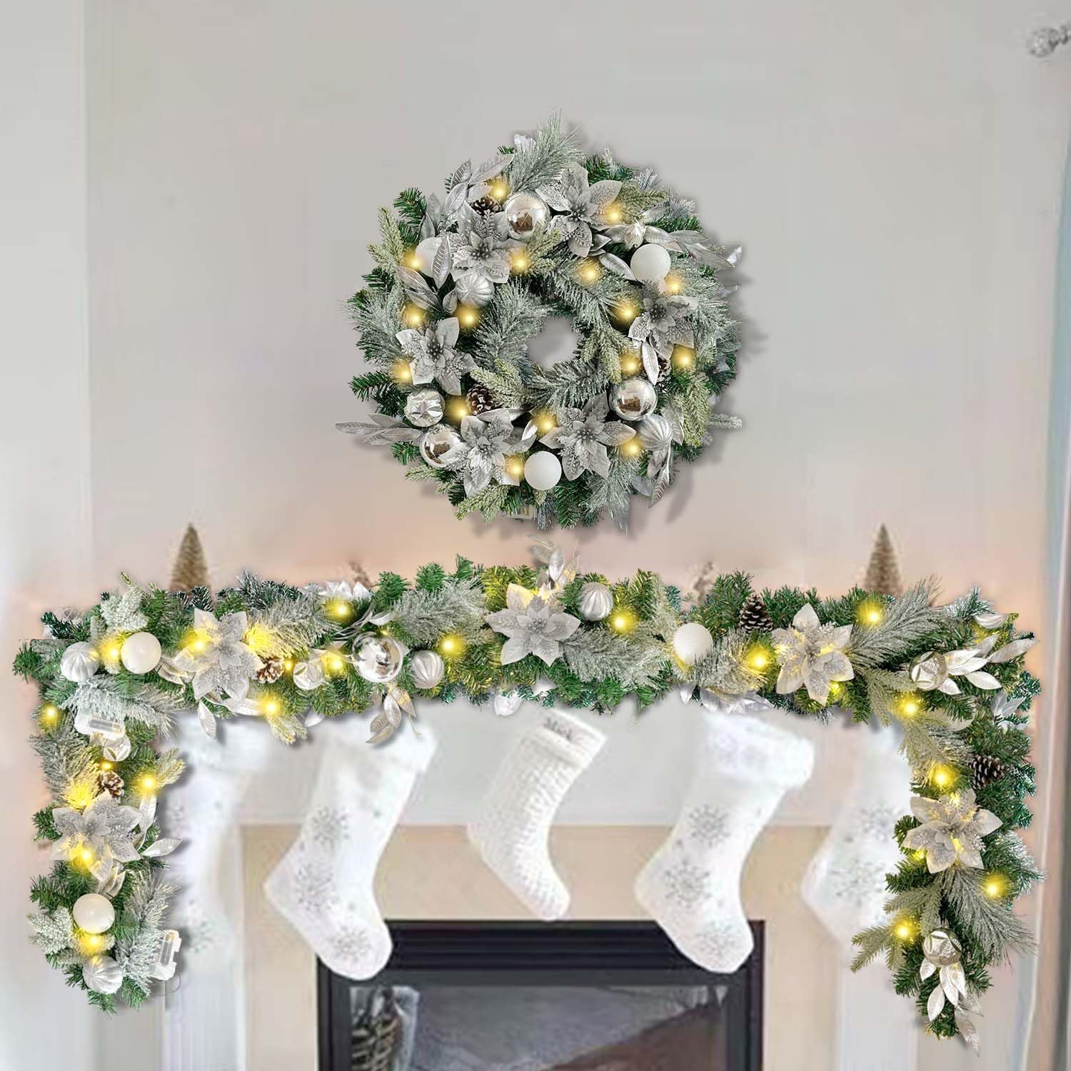 WANNA-CUL Pre-Lit 6ft Silver White Christmas Garland with 30 LED Lights | Frozen Winter Xmas Lighted Garland for Mantel