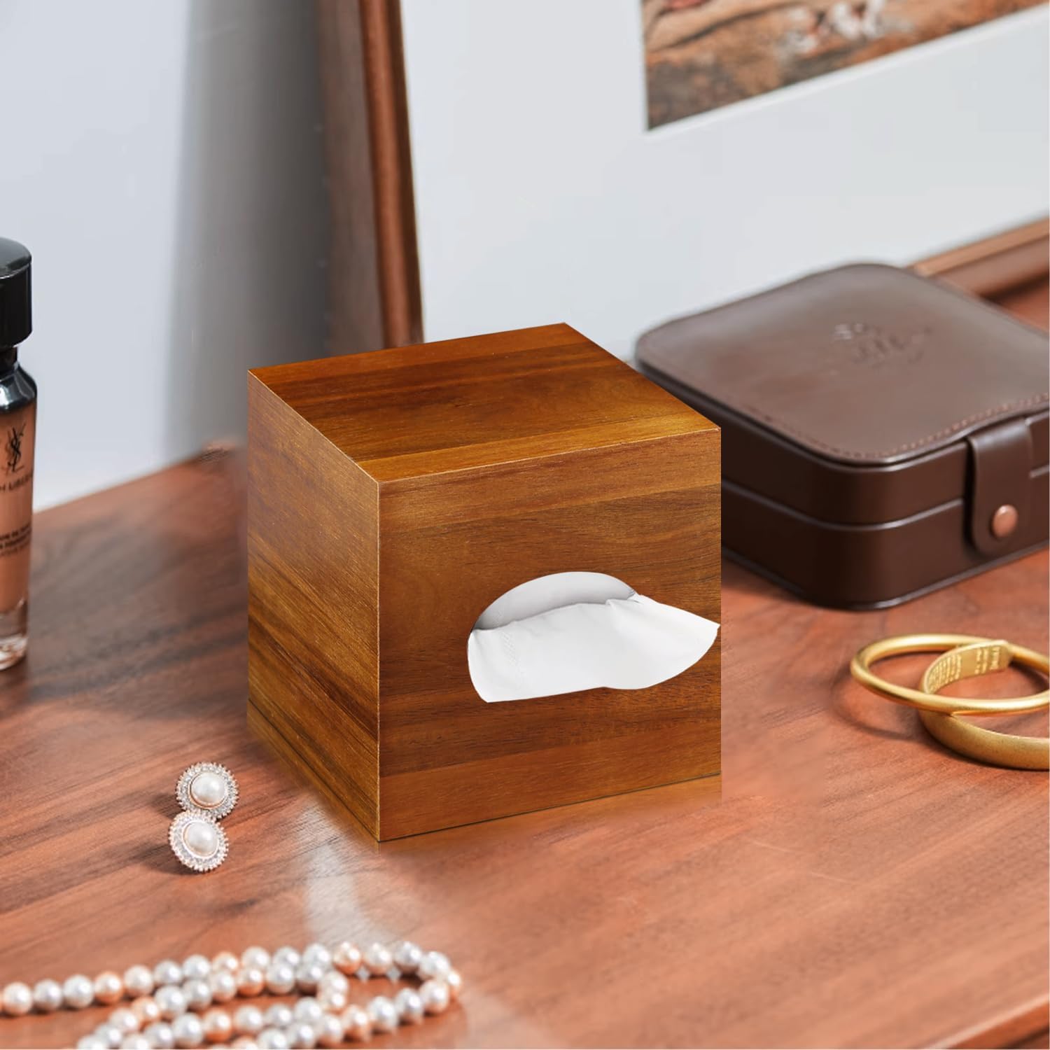 Acacia Wood Tissue Box Holder for Desktop Nightstand Bathroom Office / Brown