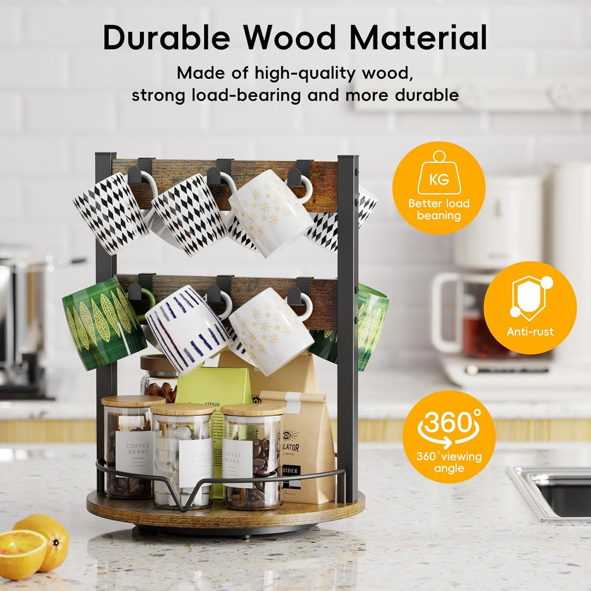 KLM Wood Coffee Mug Holder,12 Hook Mug Tree Holder Rack with Storage Base,Mug Display Organizer,Mug Holders for Home